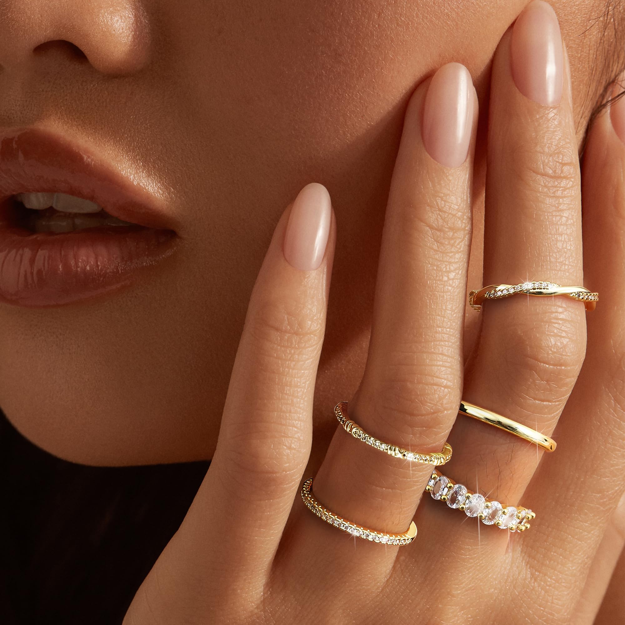 14K Gold Plated Stackable Rings for Women - 5PCS Non-Tarnish Dainty Cubic Zirconia Wedding Band Set | Trendy Statement Jewelry for Everyday Wear, Stacking & Special Occasions