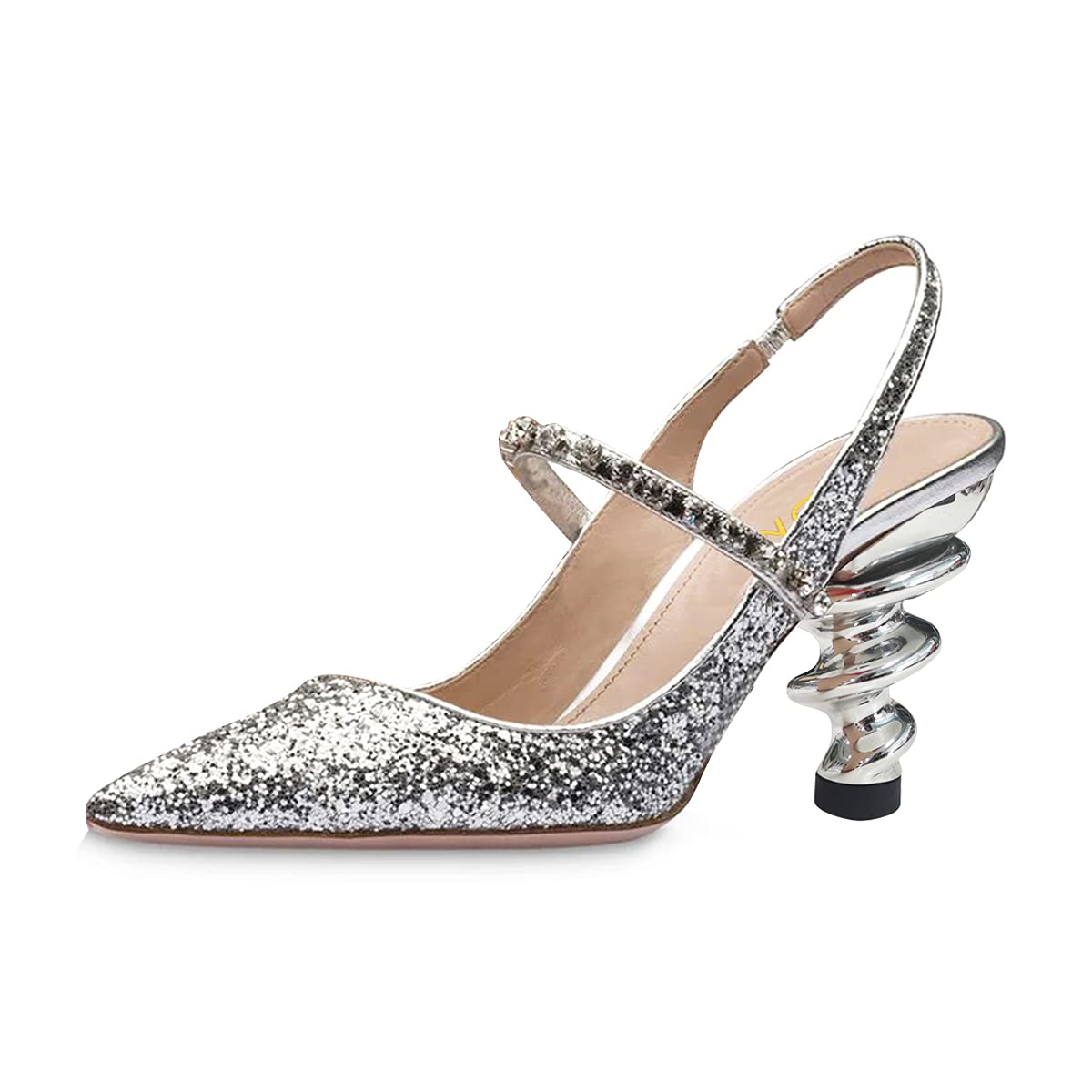 YDN Women's Trendy Metallic Spiral Heel Slip-On Sandals - Rhinestone Strap Pointed Toe Dress Pumps for Party, Wedding & Evening Events (US 4-15)