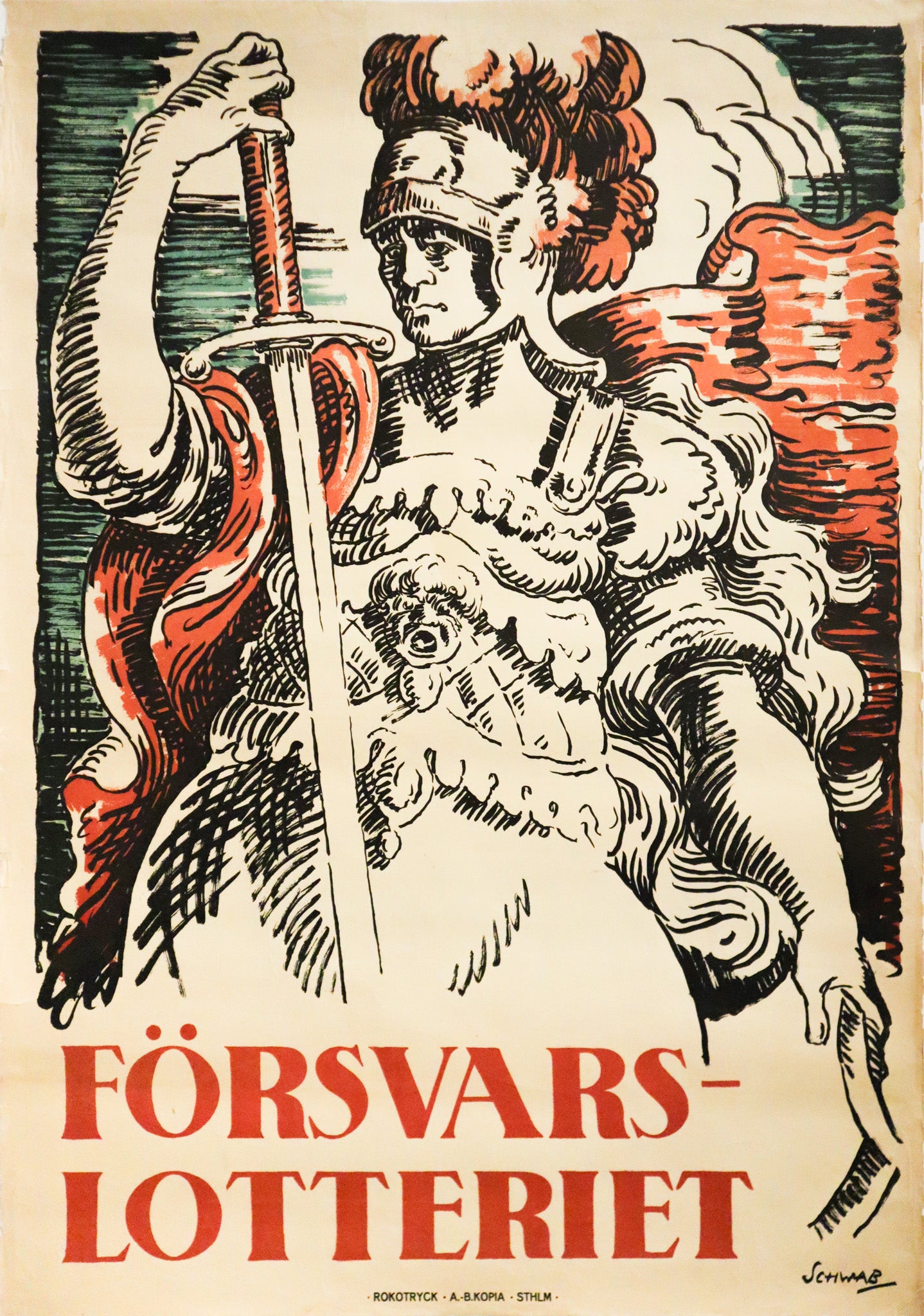 1914-1918 WWI Swedish War Poster - Forsvarslotteriet Defense Lottery & War Bonds - Vintage Military Collectible for History Buffs & Home Decor