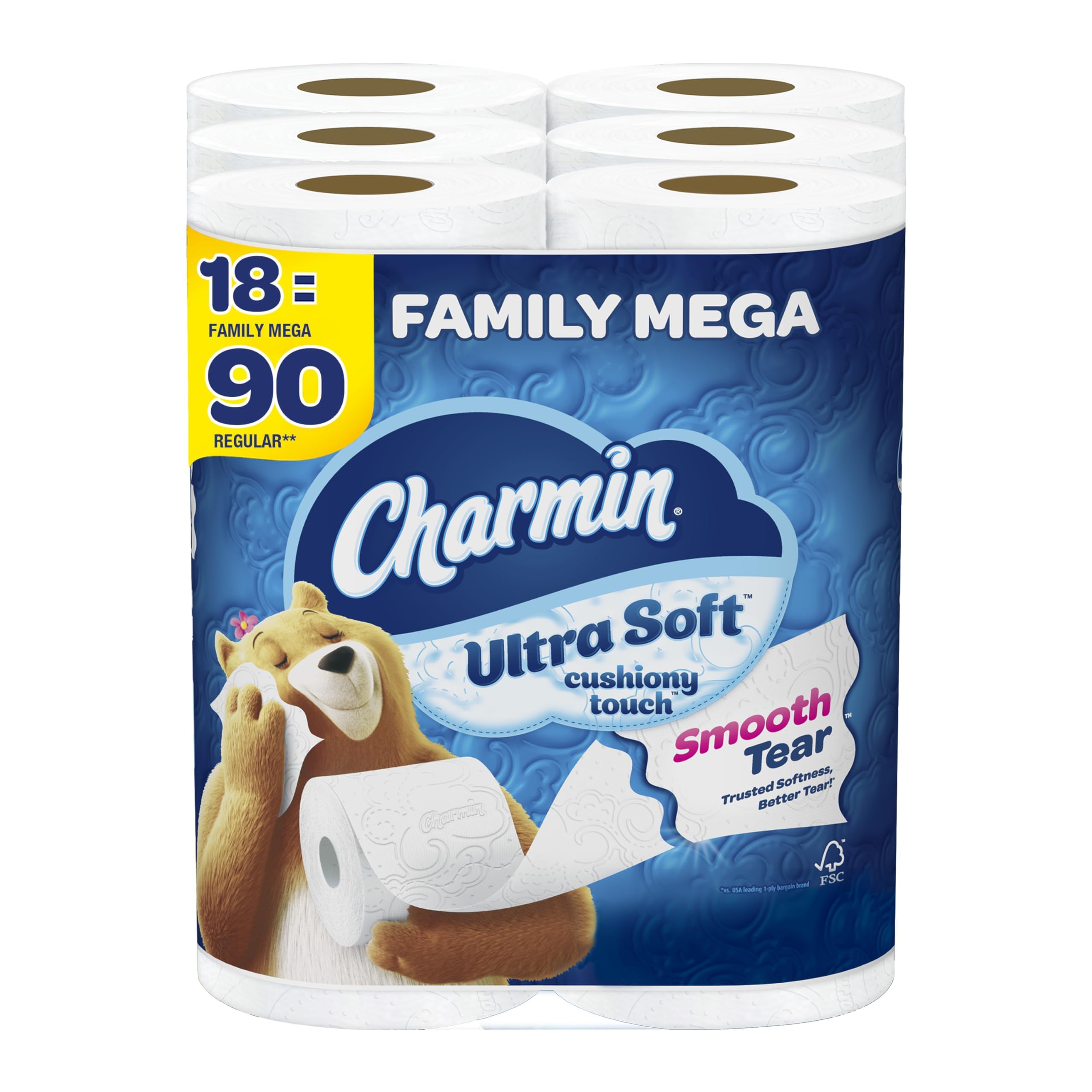 Charmin Ultra Soft Cushiony Touch Toilet Paper - 18 Family Mega Rolls (90 Regular Rolls) | Gentle Bathroom Tissue for Sensitive Skin | Perfect for Home, Office & RV Use