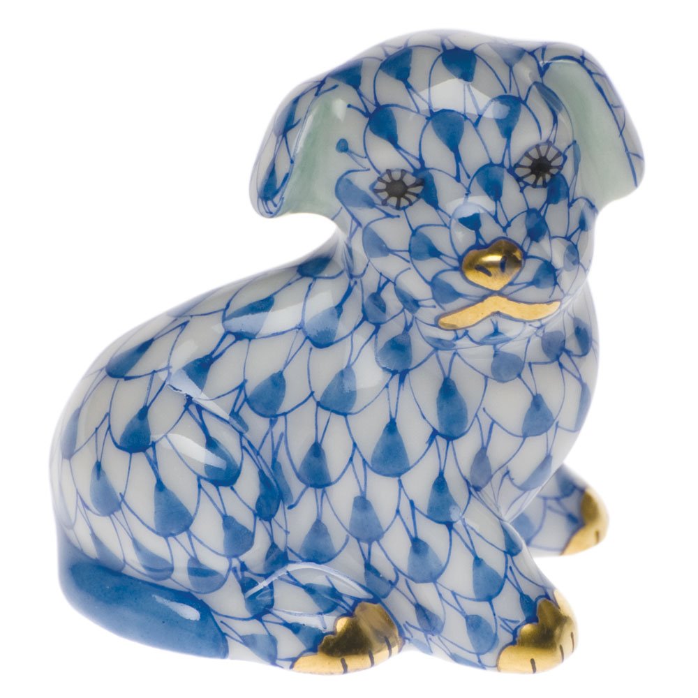 Herend Mini Blue Fishnet Puppy Dog Figurine - Handcrafted Porcelain Collectible for Home Decor, Gift, and Display
