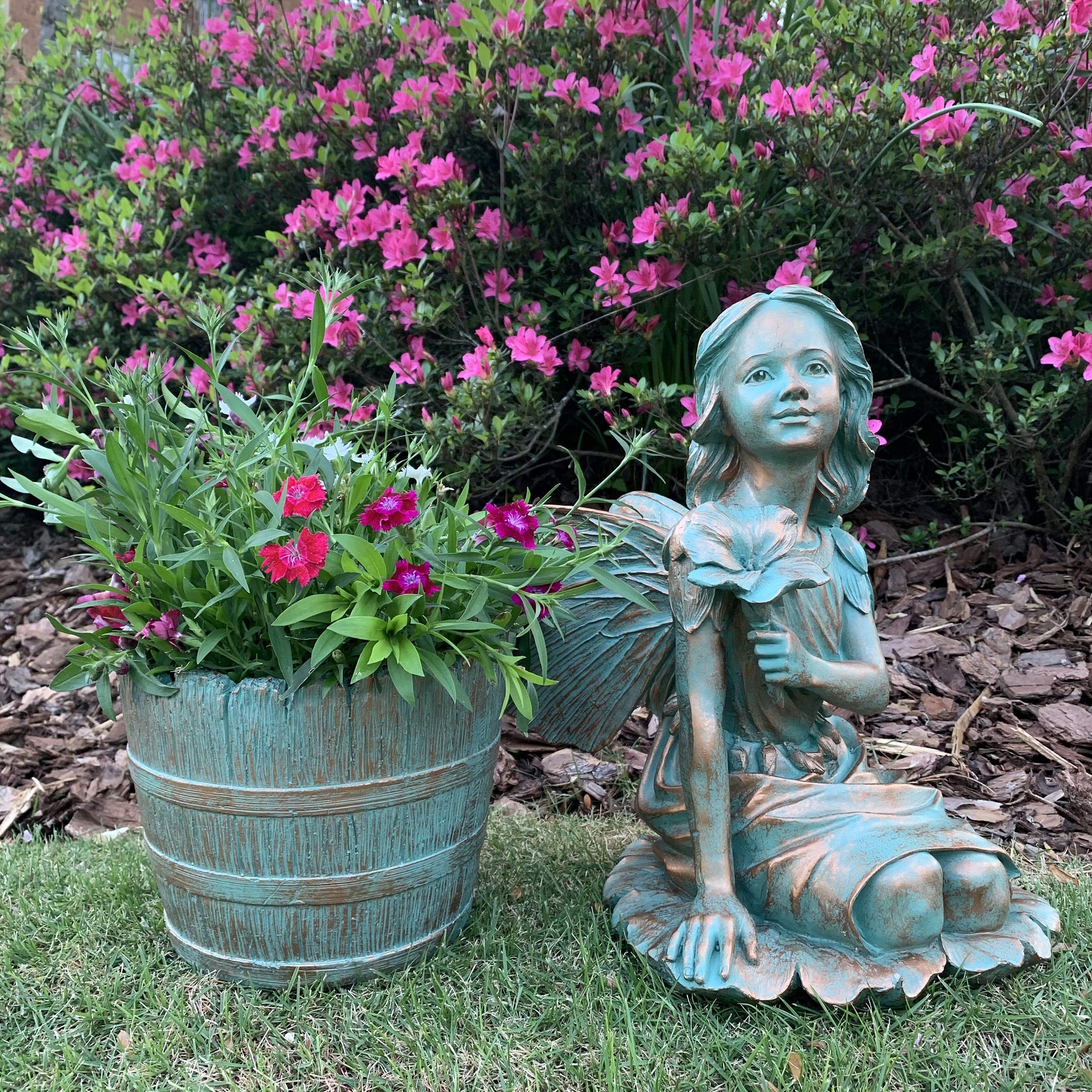 14 Inch H Gabriella Fairy Statue with Bronze Patina Barrel Planter Pot - Elegant Home & Garden Decor for Outdoor Patio, Fairy Garden, and Indoor Display