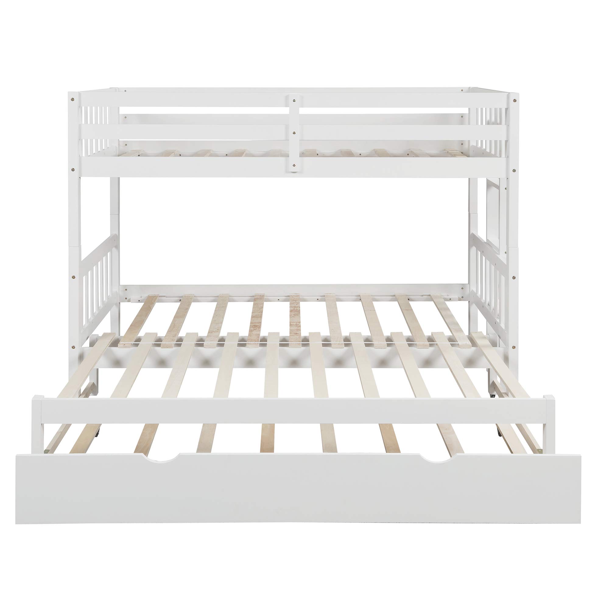 **White Twin Over Pull-Out Bunk Bed with Trundle - No Spring Box Needed, Space-Saving Floor Bunk Bed for Kids, Teens & Guest Rooms**    *(Perfect for small bedrooms, vacation homes, dormitories & shared kids' rooms – maximizes space with stylish functionality!)*