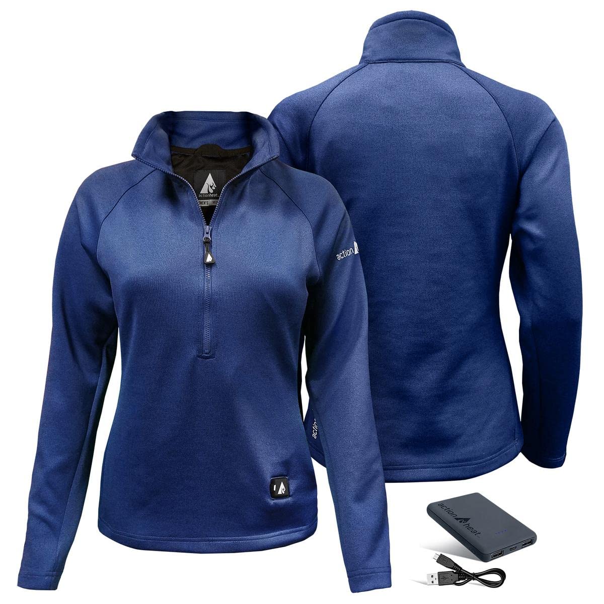 ActionHeat 5V Battery Heated 1/2 Zip Pullover Shirt for Women - 3-Zone Heating System with Touch-Button Technology, Blue XL - Perfect for Outdoor Activities, Winter Sports & Cold Weather Commuting
