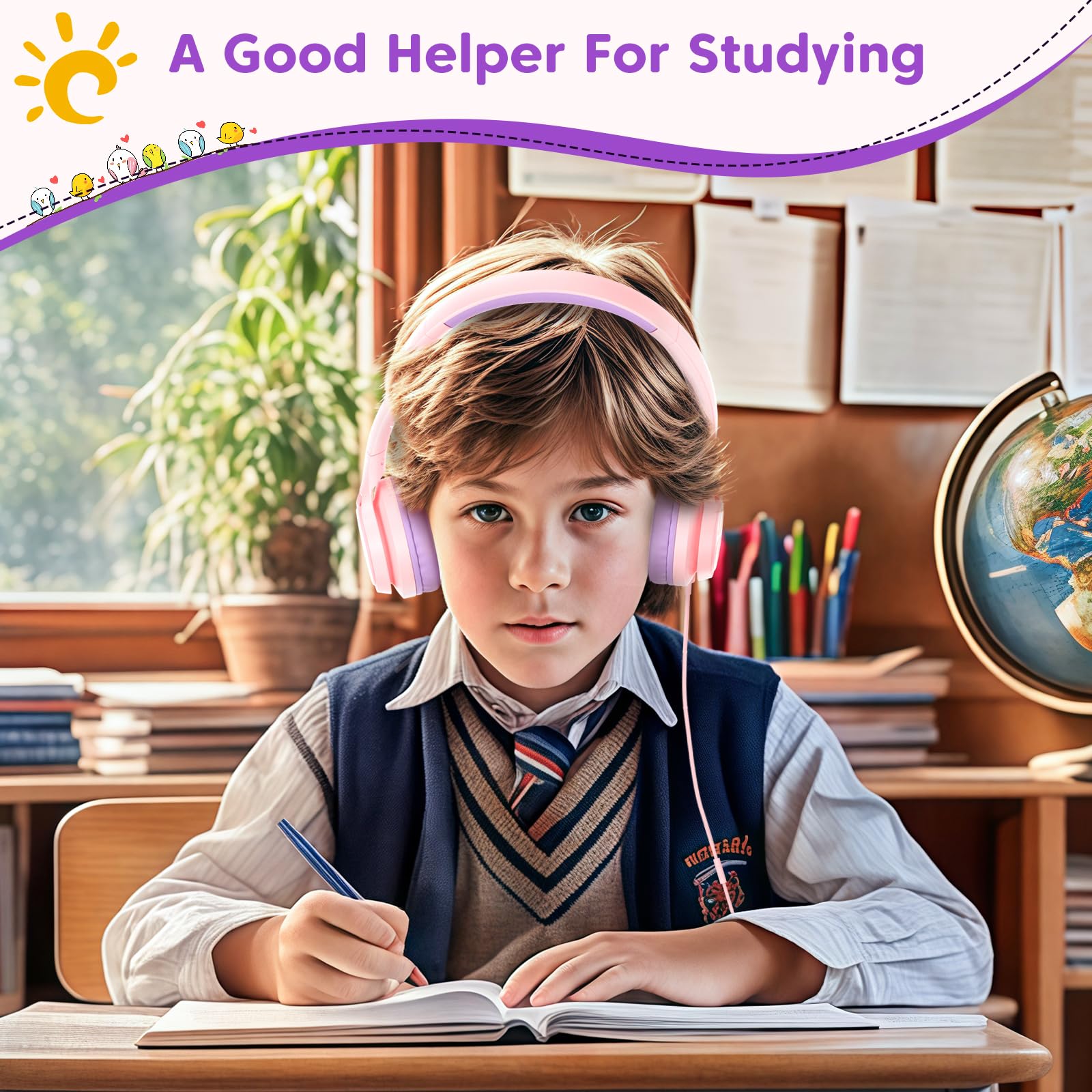 INFURTURE CH5 Kids Headphones with Mic - 94dB Volume Limit, USB-C & 3.5mm Wired On-Ear Headphones for Boys & Girls - Compatible with iPhone, Android, iPad, PC, Kindle - Perfect for School, Travel, Online Classes (Pink)