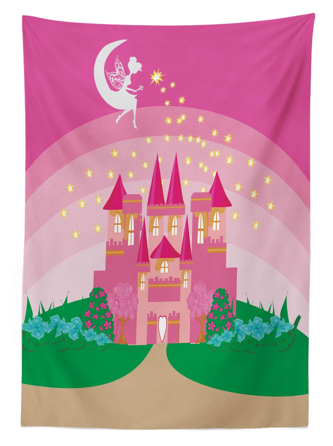 Ambesonne Magic Outdoor Tablecloth - Fantasy Tale Pixie in Sky Fictional Dream Kingdom Design, Waterproof Washable Picnic Table Cover 58x120 Inches, Green and Pink - Perfect for Garden Parties, BBQs, and Outdoor Dining Decorations