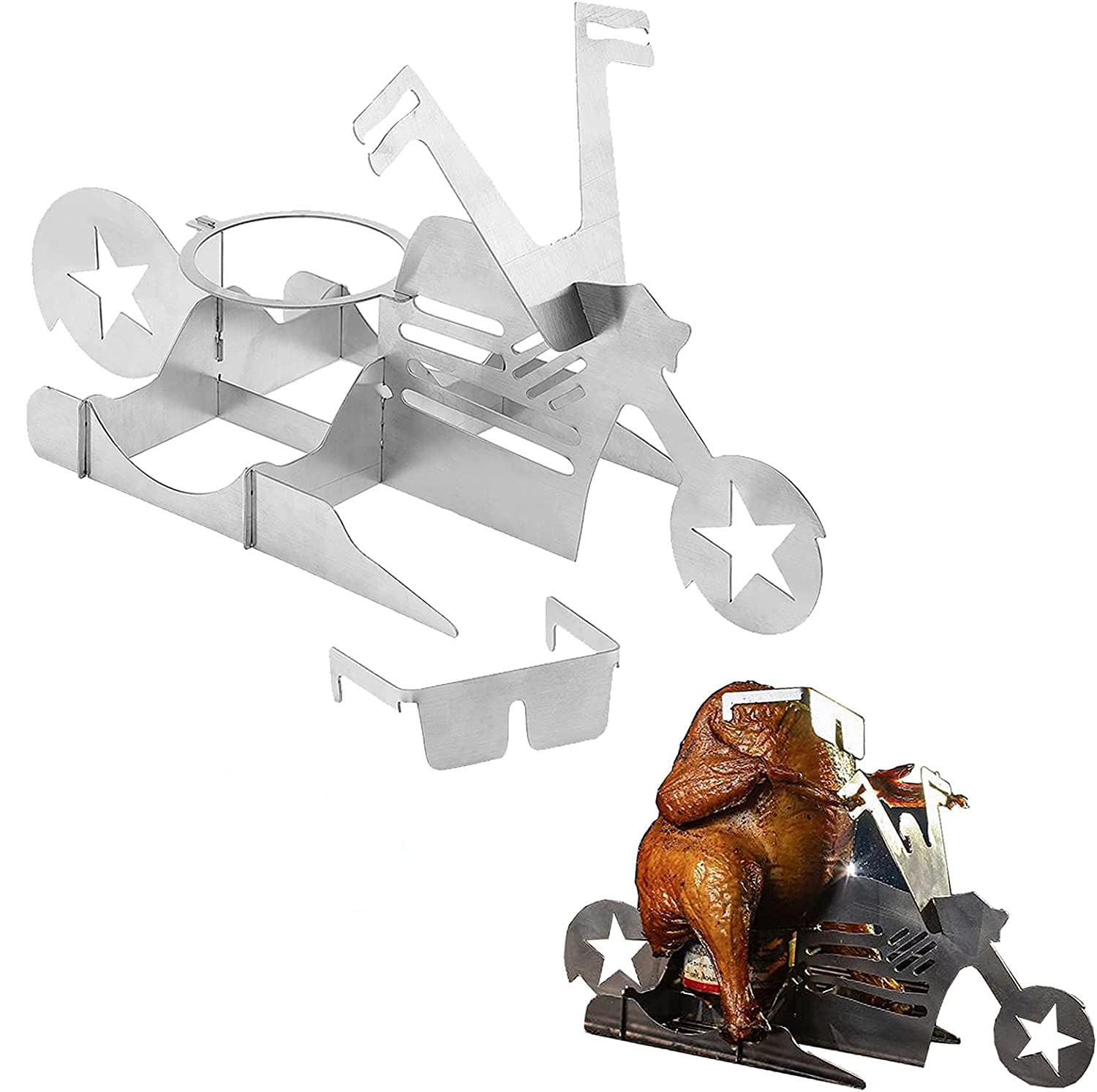 Stainless Steel Beer Can Chicken Holder - Motorcycle Shape Grill Rack for BBQ, Roaster, Smoker & Oven | Portable Chicken Roaster Stand for Outdoor Cooking & Backyard Parties