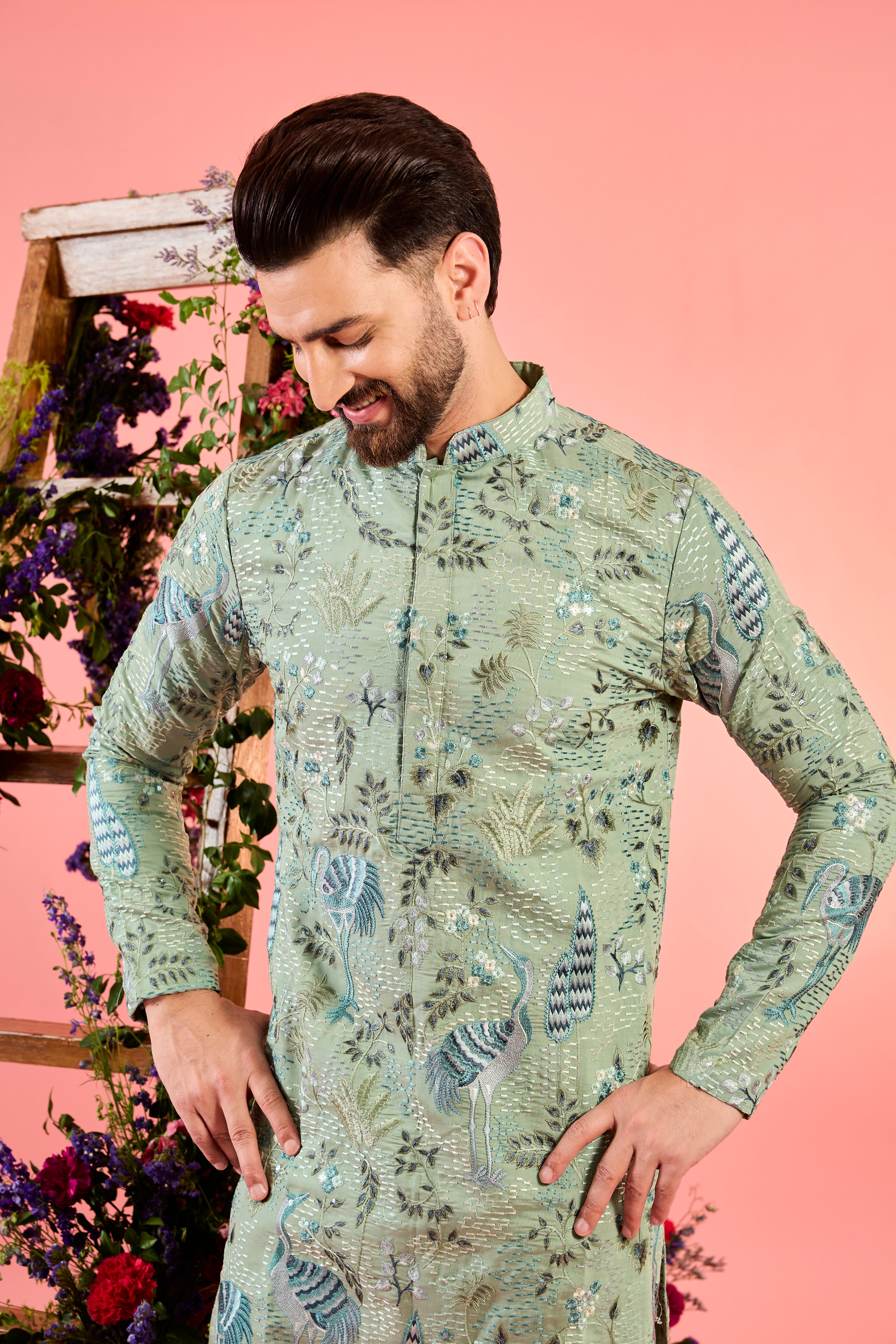 Elegant Mint Green Kurta with Intricate Floral & Fauna Embroidery | Handcrafted Indian Ethnic Wear for Women | Perfect for Festivals, Weddings & Casual Outings