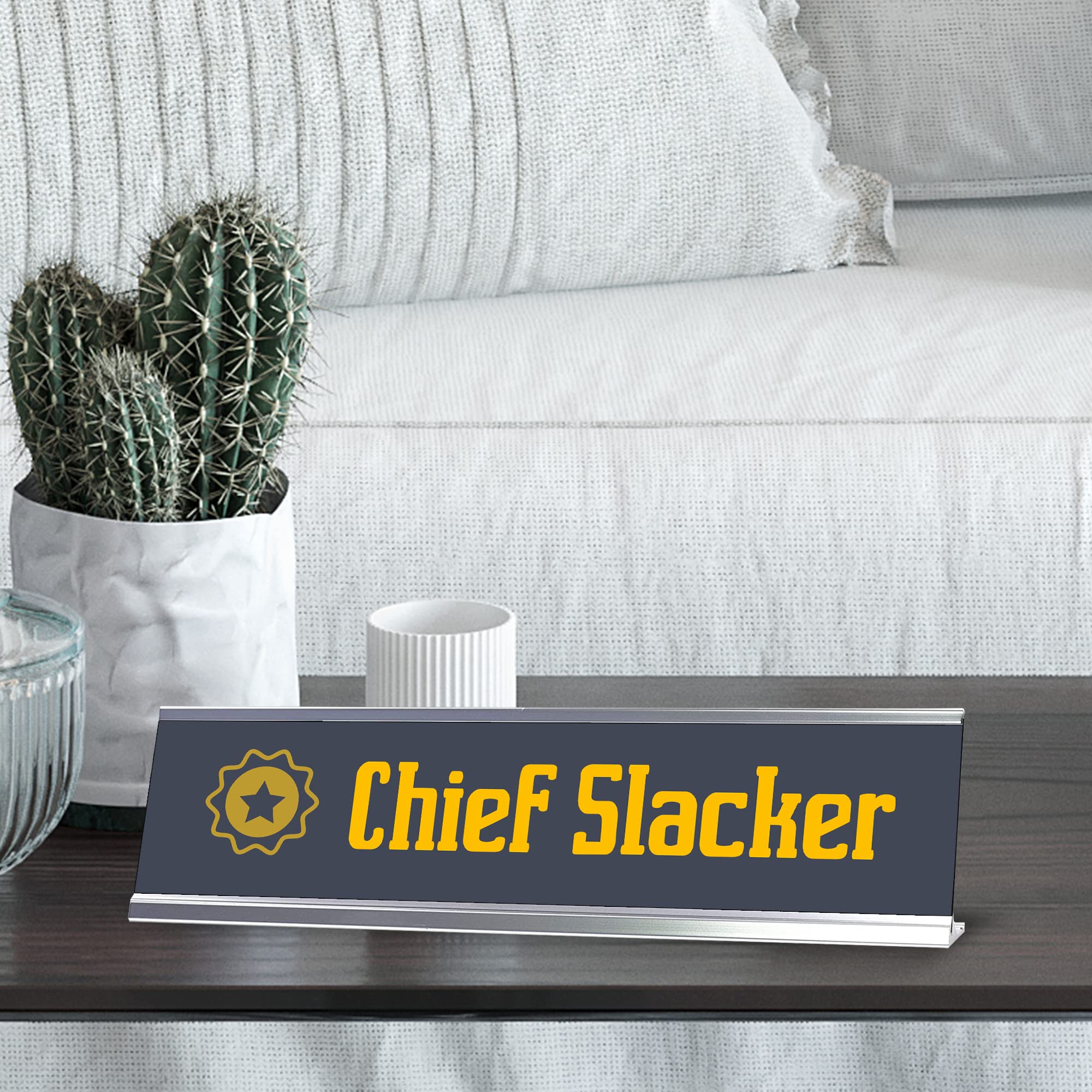 Chief Slacker Star Silver Frame Desk Sign (2 x 8 Inch) - Funny Office Decor for Boss Desk, Coworker Gift & Workplace Motivation