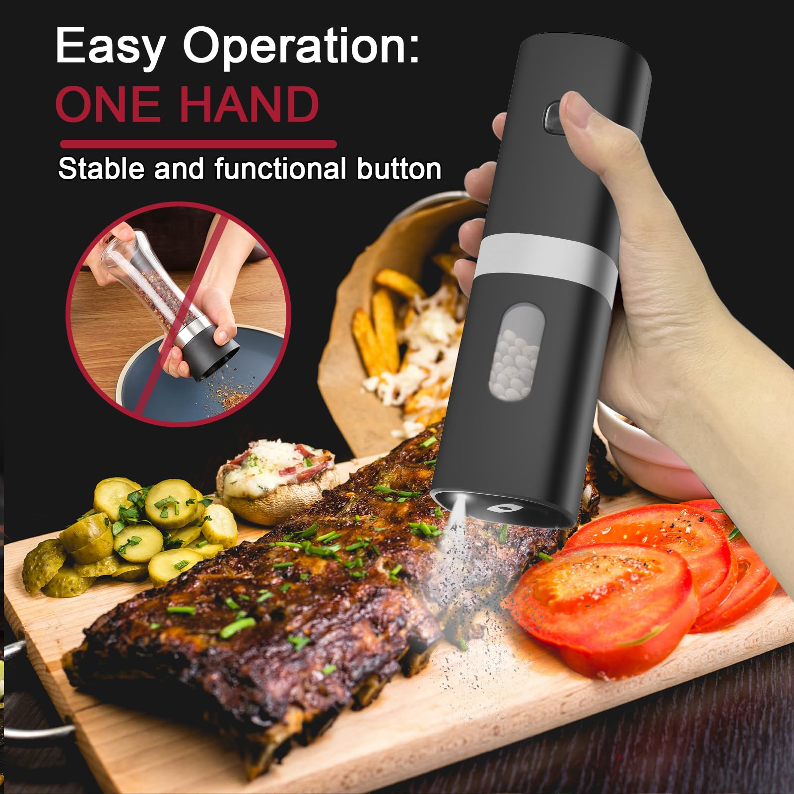 Premium Electric Pepper Grinder & Salt Mill 2-Pack - Battery Operated Automatic Spice Grinder with Adjustable 5-Level Coarseness, LED Light & One-Hand Operation - Perfect for Kitchen, Dining Table & Outdoor Cooking (Batteries Not Included)