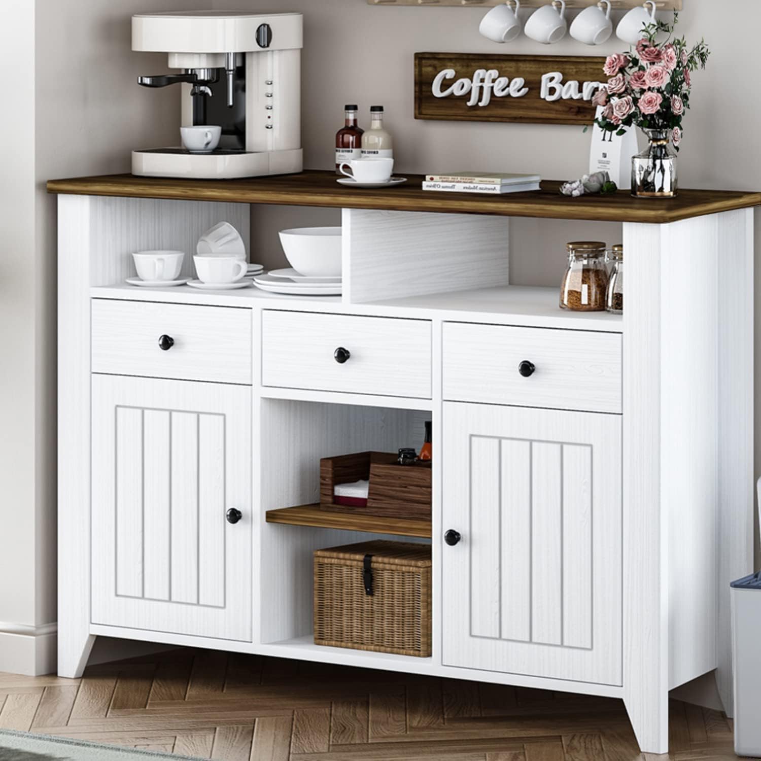 Farmhouse Coffee Bar Cabinet with Storage - 47 Inch White Buffet Cabinet with 3 Drawers, 2 Doors & Open Shelf - Kitchen Coffee Station for Living Room, Dining Room - Perfect for Entertaining Guests & Organizing Coffee Essentials