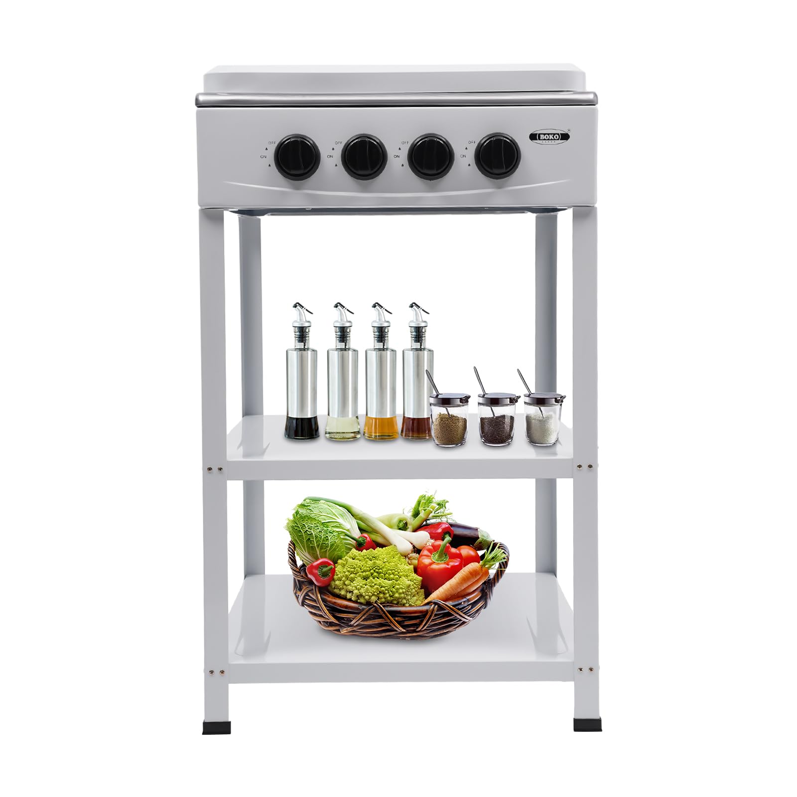 Portable 300,000 BTU 4-Burner Propane Gas Stove for Outdoor Camping, RV, Picnic & BBQ - Includes Windshelter & 2-Tier Storage Rack - White Camping Cooking Set for Backyard, Tailgating & Emergency Preparedness