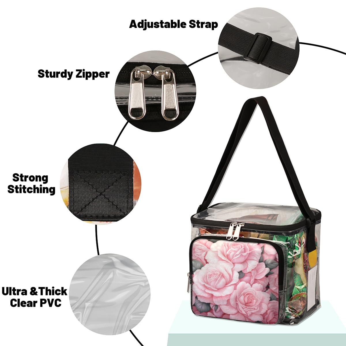 GzLeyigou Clear Transparent Tote Bag with Pink Rose Flowers - Valentine's Day Shoulder Bag for Women, Crossbody Purse for Outdoor Travel, Picnic, Concerts & Sports Events (Stadium Approved) - Perfect for Date Night, Beach Outings and Festival Accessories