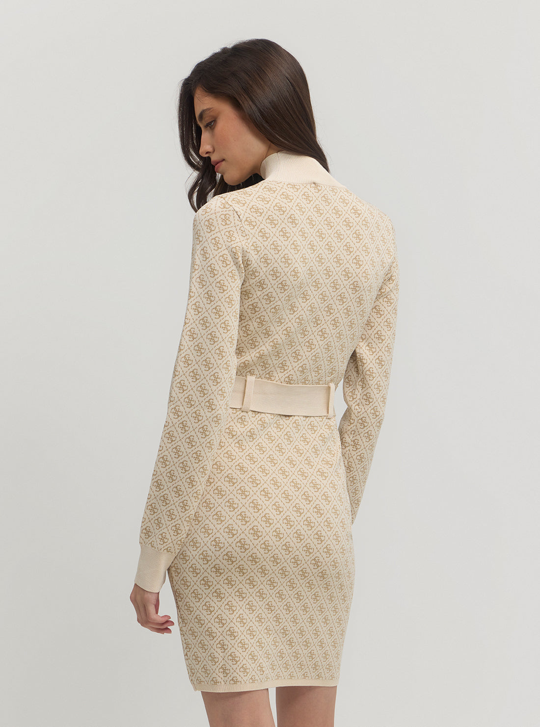 Beige Logo Belted Knit Midi Dress for Women - Elegant Casual Office Wear & Spring Outfits