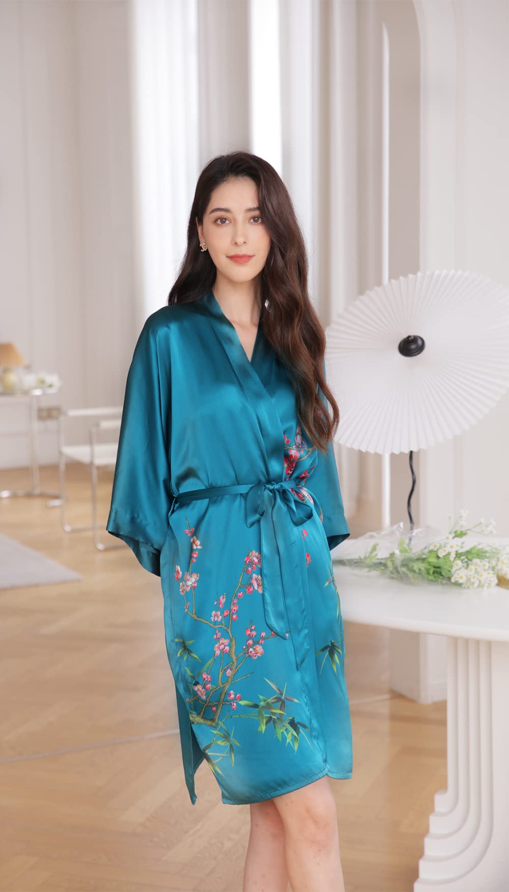 Women's 100% Pure Silk Kimono Robe - Short Sleeve Bathrobe & Loungewear Pajama Set for Spa, Bridal Shower, and Relaxation at Home