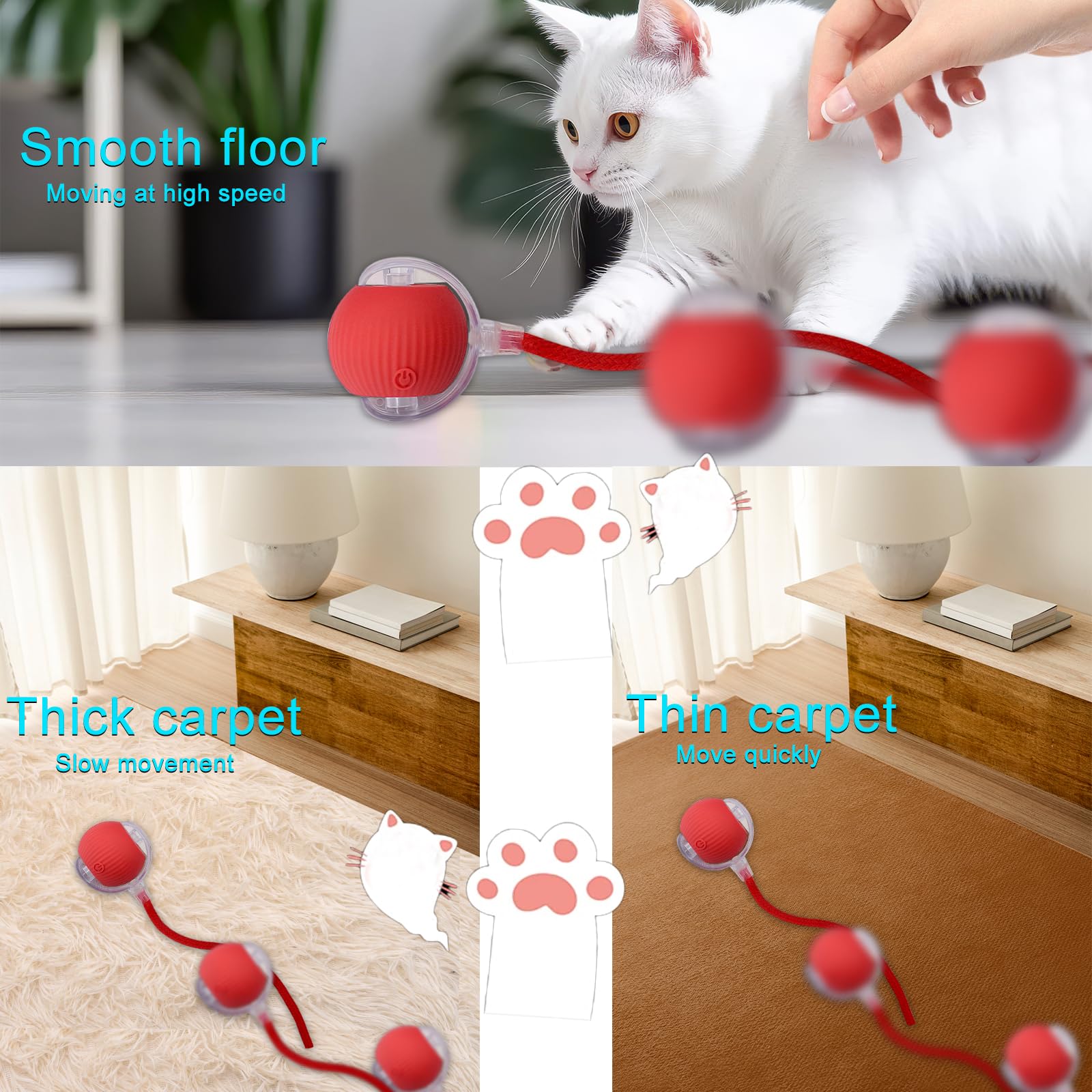 Interactive LED Cat & Dog Toy Ball - Automatic Rolling Motion-Activated Pet Game with String Tail for Indoor Play, Exercise & Fun - Perfect Gift for Kittens & Puppies (Red) - Great for Playtime, Training & Keeping Pets Active