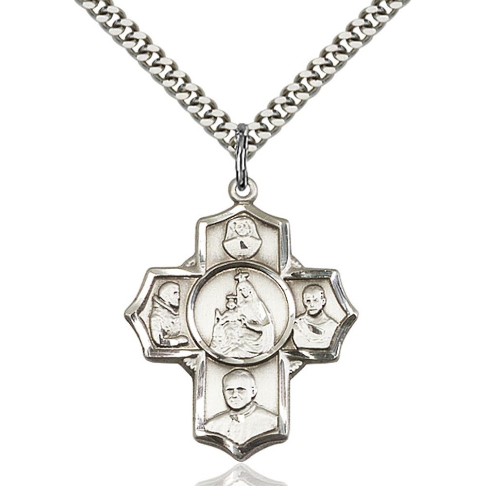 Sterling Silver 4-Way Cross Pendant Necklace - 1 1/8 X 1 Inch Polish Finish with Heavy Curb Chain - Religious Jewelry for Women, Men, Baptism, First Communion & Everyday Wear