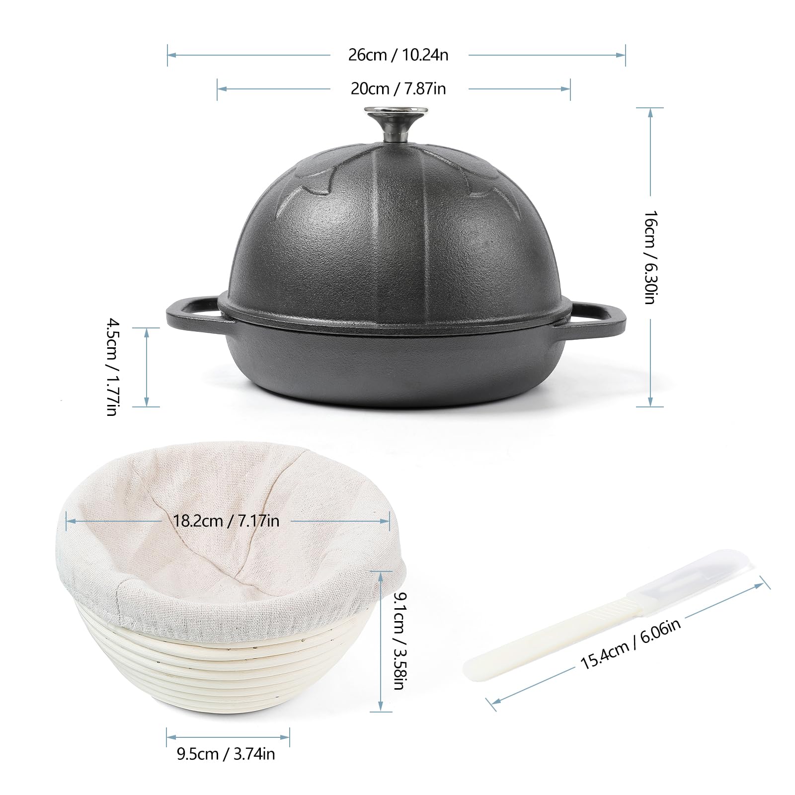 HAWOK 7.8 Inch Pre-Seasoned Cast Iron Bread Cloche with Proofing Basket & Dough Scoring Knife - 20cm Sourdough Baking Pan for Artisan Bread, Dutch Oven Alternative - Perfect for Home Bakers & Bread Making Enthusiasts