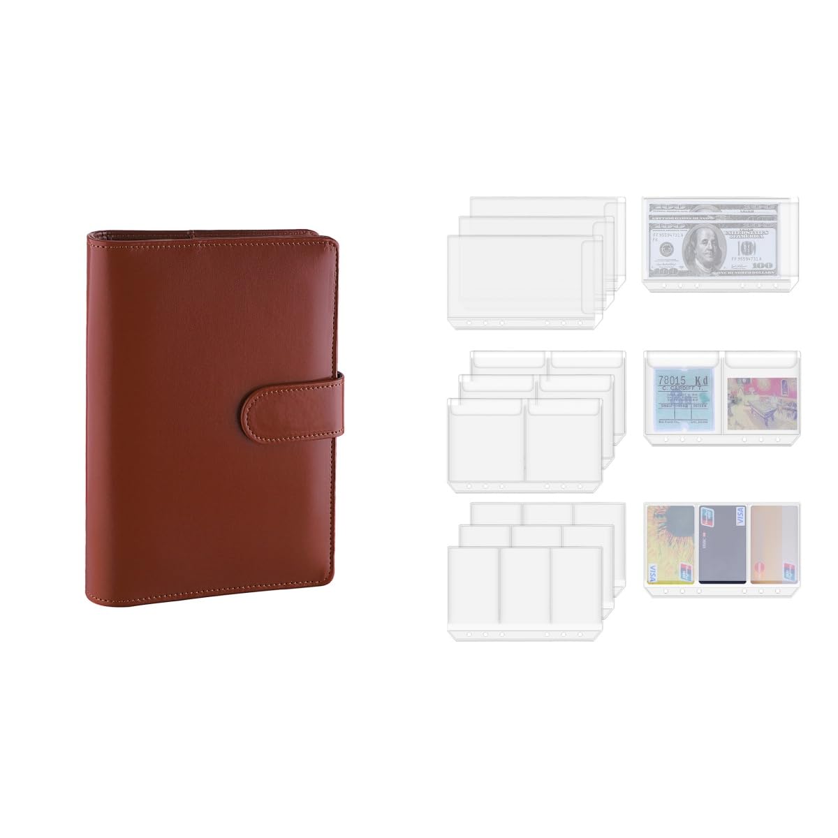 Antner A6 PU Leather Notebook Binder (Brown) - 12-Piece Set with 3 Types of 6-Hole Binder Pockets | Perfect for School, Office & Travel Organization