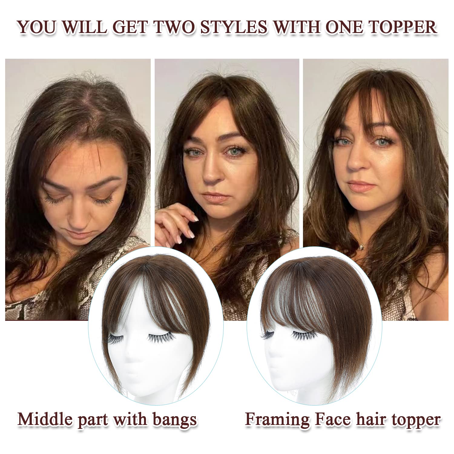 UDU Real Human Hair Toppers for Women with Bangs - Clip-In Hair Pieces for Thinning Hair & Hair Loss Cover | Perfect for Everyday Wear, Work, and Special Occasions