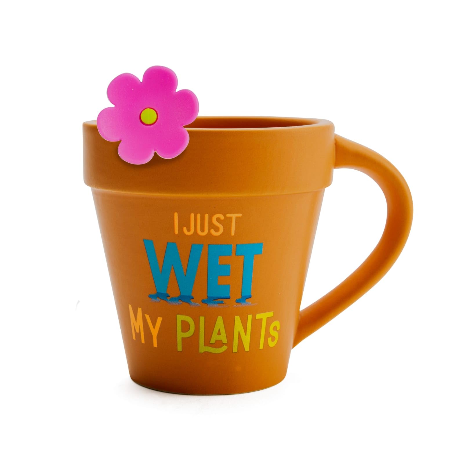 BigMouth Inc Terracotta Plant Mug with Pink Flower Tea Infuser - Funny 'I Just Wet My Plants' Tea Cup Set - Perfect Gift for Plant Lovers & Gardeners - Ideal for Herbal Tea, Office Decor & Gardening Gifts