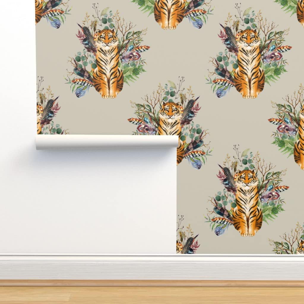 Boho Tiger Floral Peel & Stick Wallpaper Swatch - Taupe Flowers, Feathers & Safari Design | Removable Custom Wallpaper by Spoonflower | Perfect for Girls' Rooms, Nursery Decor & Accent Walls