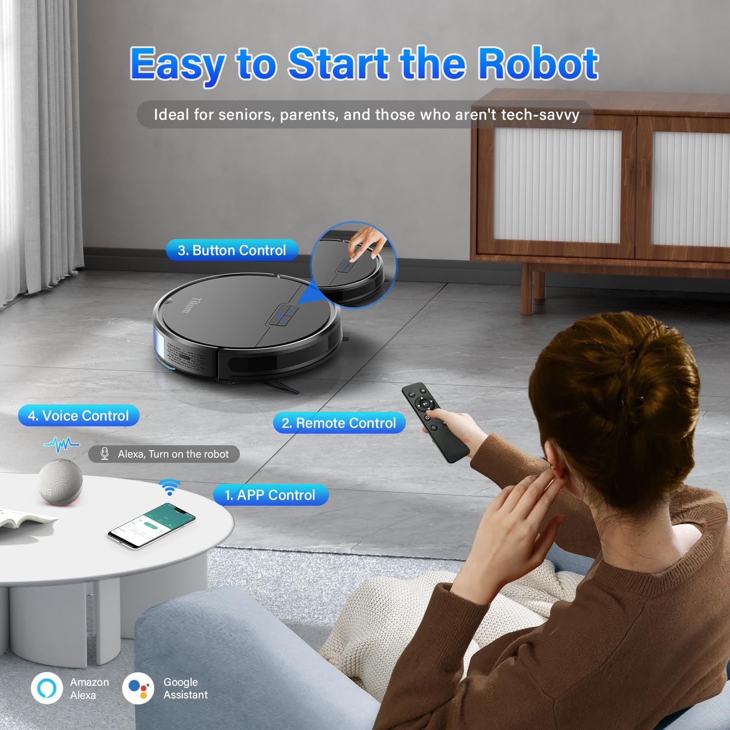 Tikom Robot Vacuum and Mop Combo - Powerful Suction Robotic Cleaner for Carpets, Pet Hair & Hard Floors | Ultra Thin 2-in-1 Self-Charging Vacuum with Smart APP & Remote Control | Perfect for Home, Office & Pet Owners