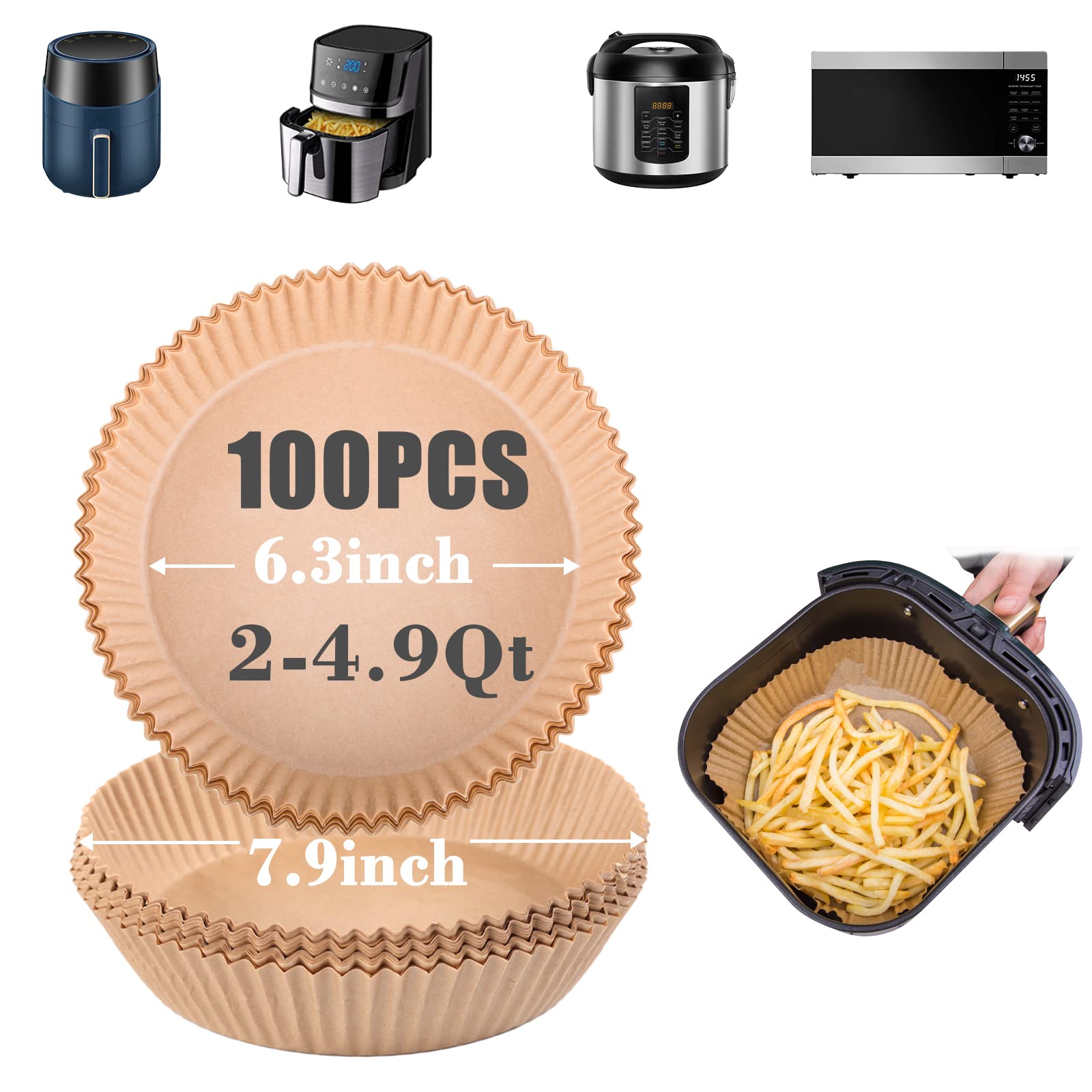 GOAUS 100 Pcs 6.3 Inch Round Air Fryer Paper Liners - Unbleached Non-Stick Parchment Sheets for 2 to 4.9 Qt Basket | Disposable & Eco-Friendly | Perfect for Cooking, Baking, and Meal Prep