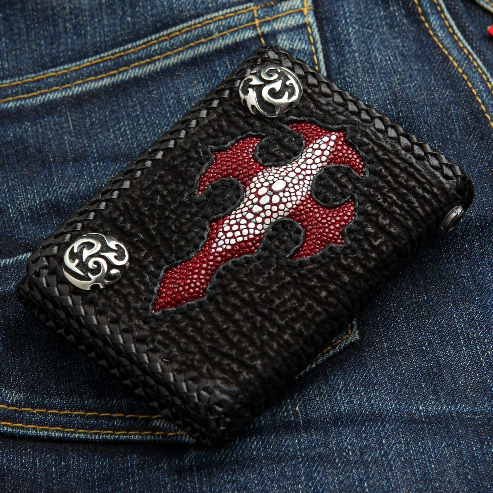 Authentic Red Stingray Leather Biker Wallet for Men - Stylish RFID Blocking Cross Design Motorcycle Wallet for Everyday Use & Travel