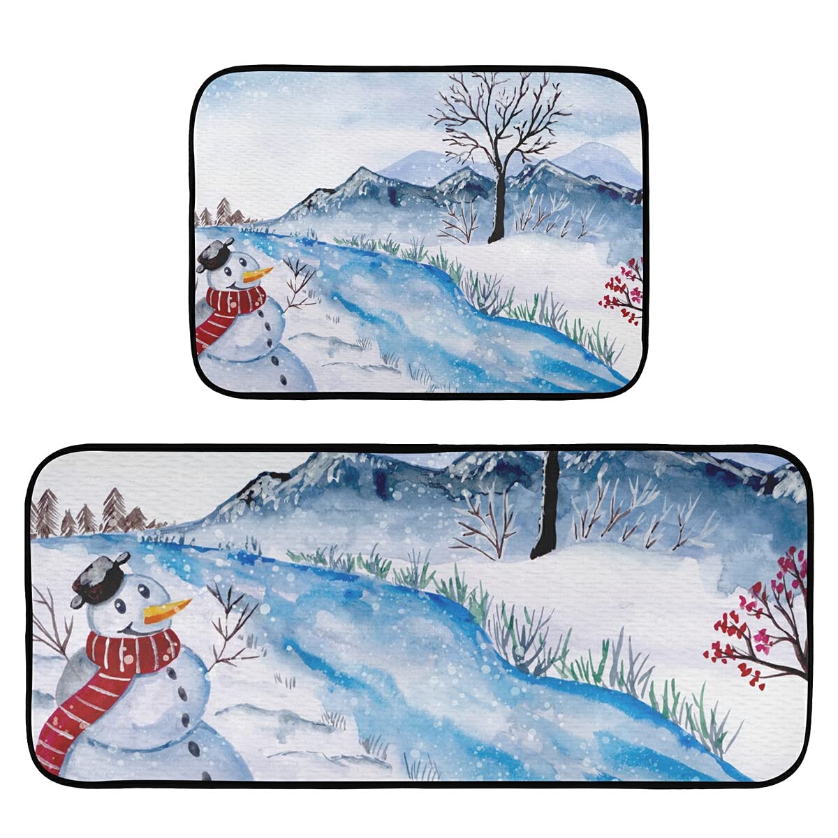 Non-Slip Watercolor Snowman Winter Christmas Kitchen Rugs - 2 Pack Washable Floor Mats for Farmhouse Decor, Standing Mats & Doormats | Perfect for Holiday Kitchen, Entryway & Cozy Home Decor