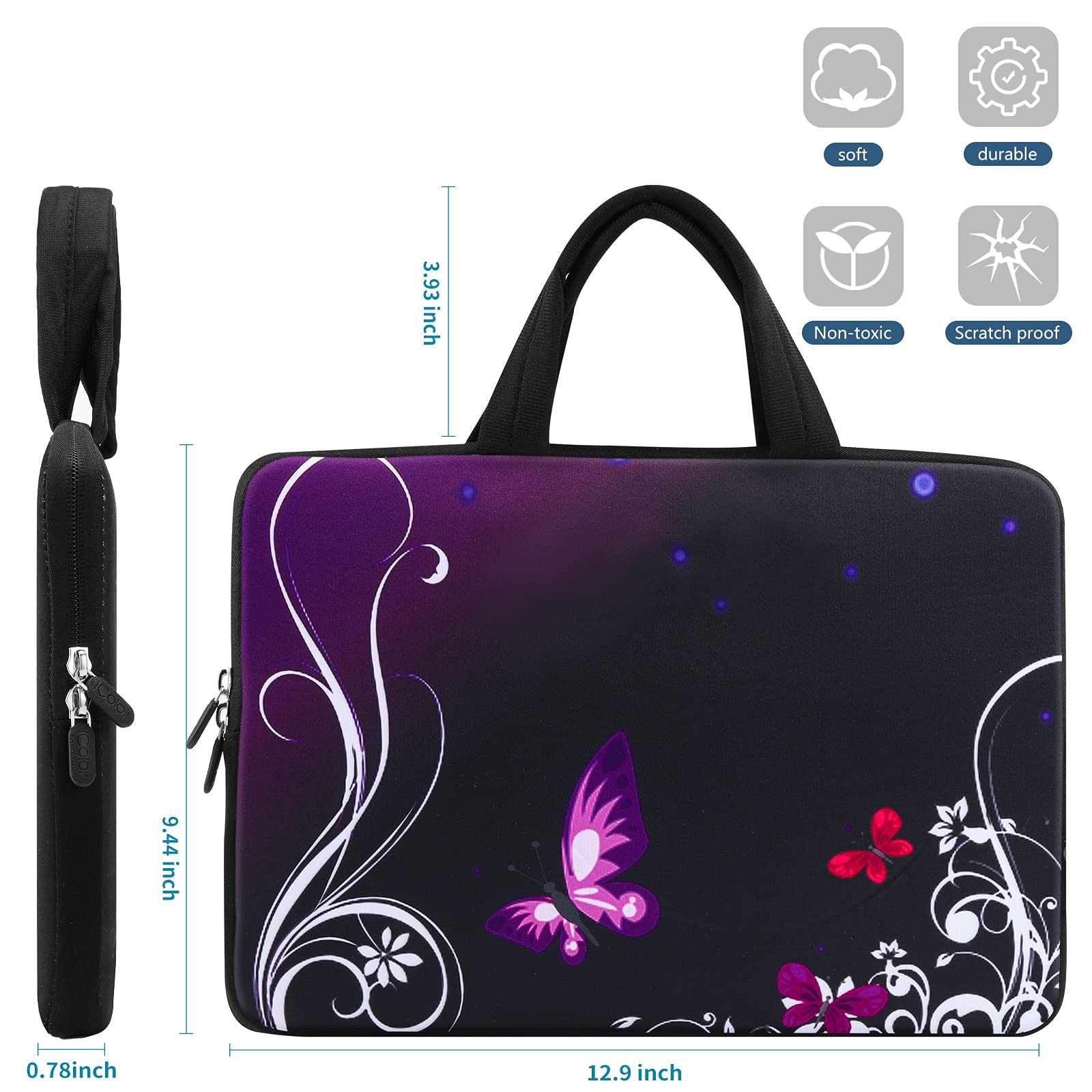 Premium Neoprene Laptop Sleeve Case for 11-12.5 Inch MacBook Air, Chromebook, Ultrabook & Tablet - Lightweight Protective Cover with Purple Butterfly Design - Perfect for Travel, Office & School Use