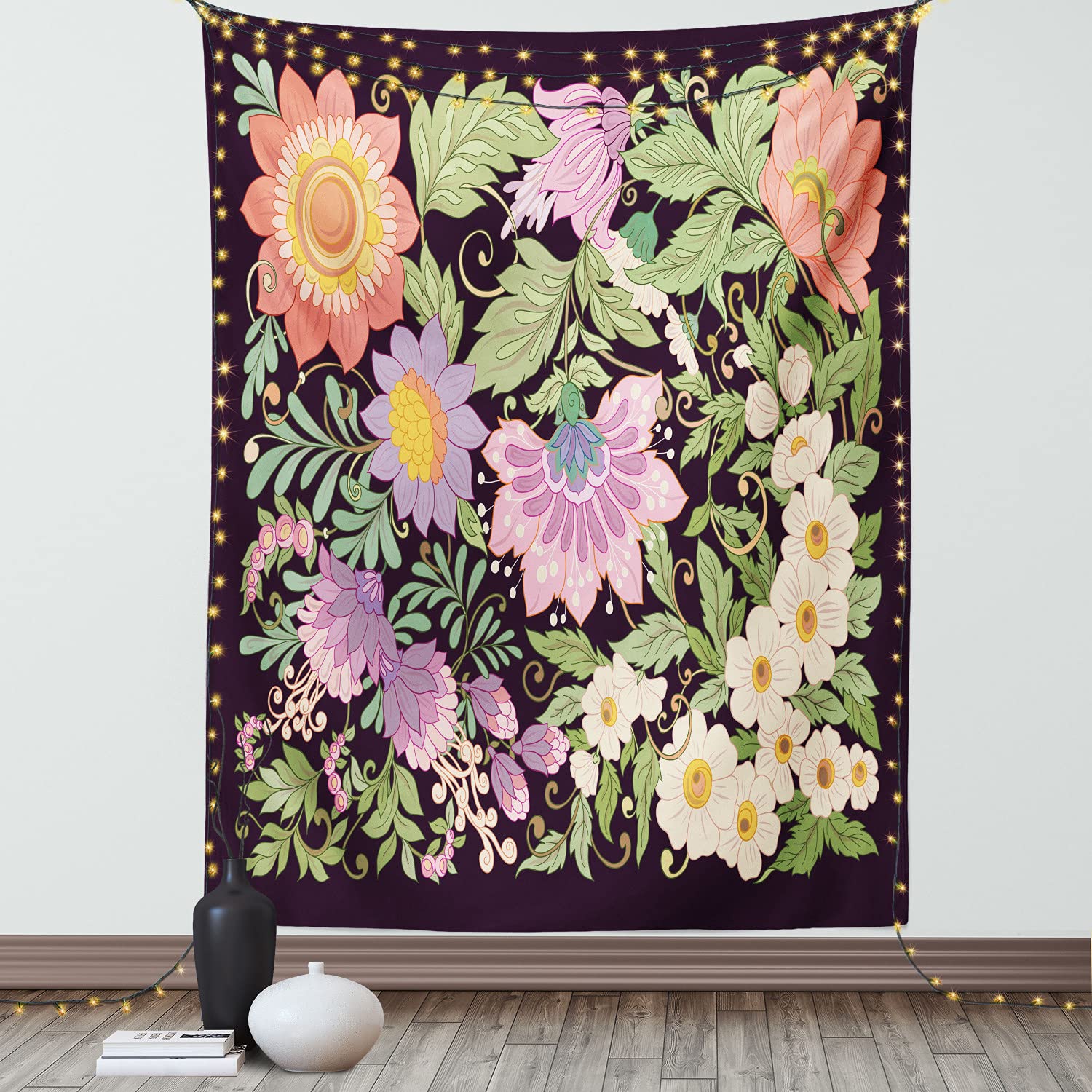 Ambesonne Vintage Floral Tapestry - Blooming Flowers Nostalgia Dark Brown Wall Hanging Decor 40x60 Inches for Bedroom, Living Room, Dorm - Perfect for Bohemian & Vintage Home Decor