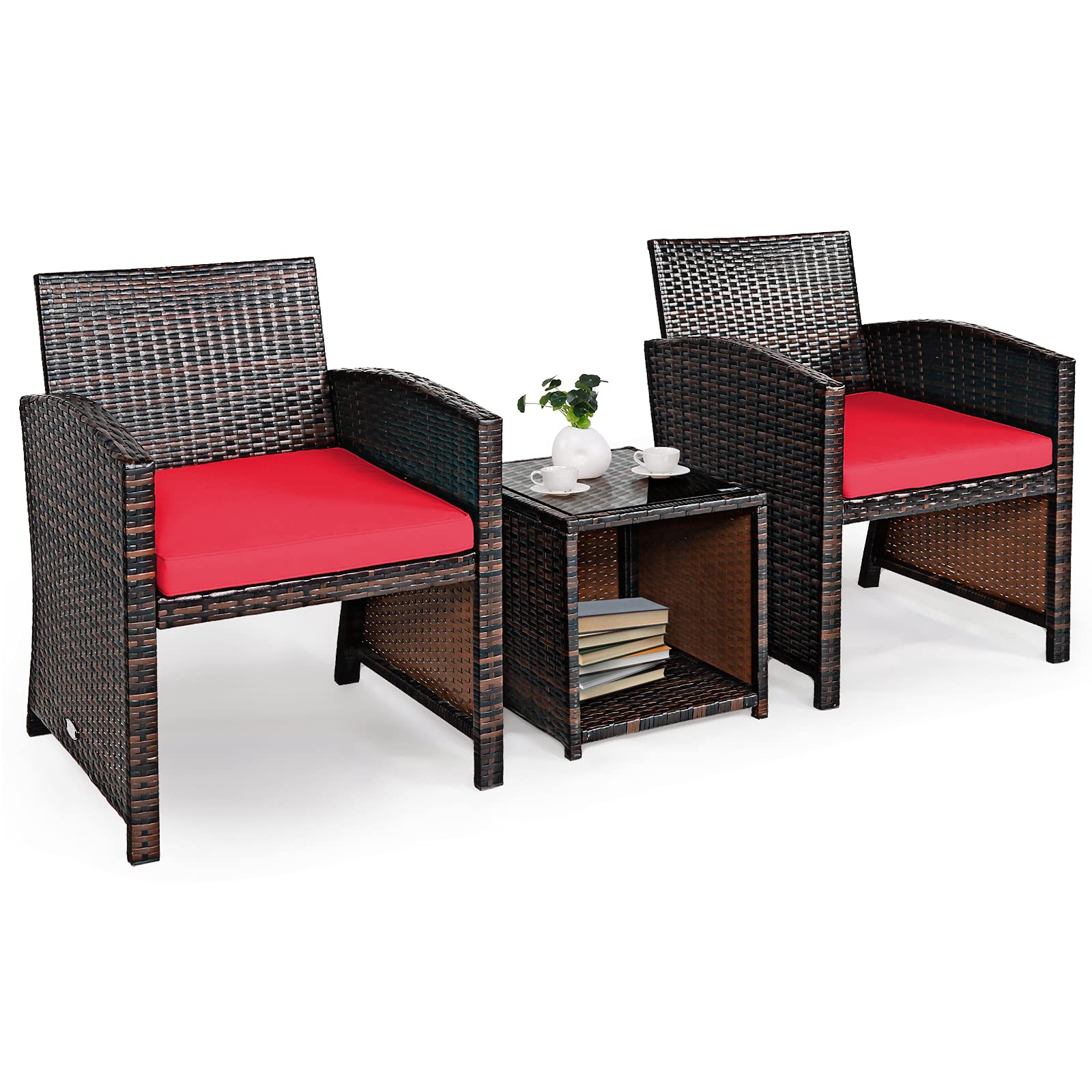 Tangkula 3-Piece Outdoor PE Rattan Patio Furniture Set with Chair & Storage Coffee Table - Waterproof Wicker Conversation Set, Detachable Cushions, Sturdy X-Shaped Frame - Perfect for Garden, Backyard, Poolside, Deck or Balcony (Red) - Ideal for Relaxing, Entertaining & Outdoor Dining