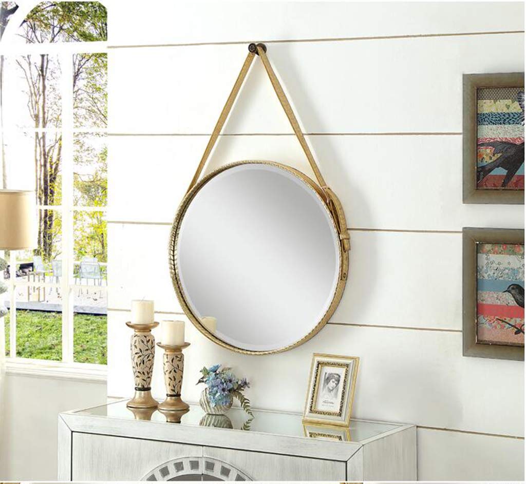 Black Round Wall Mirror with Leather Strap - Modern Hanging Decor for Bedroom, Bathroom & Living Room - Perfect for Vanity, Entryway & Home Styling