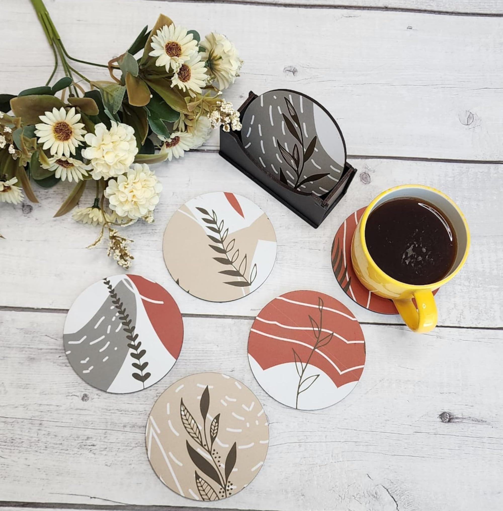 My Creative Hut Set of 6 Tea Coasters with Stand - Beautiful Jungle Design for Tea Cups, Coffee Mugs & Glasses - Perfect for Home Decor, Office Use & Diwali Gifting - Waterproof & Heat Resistant