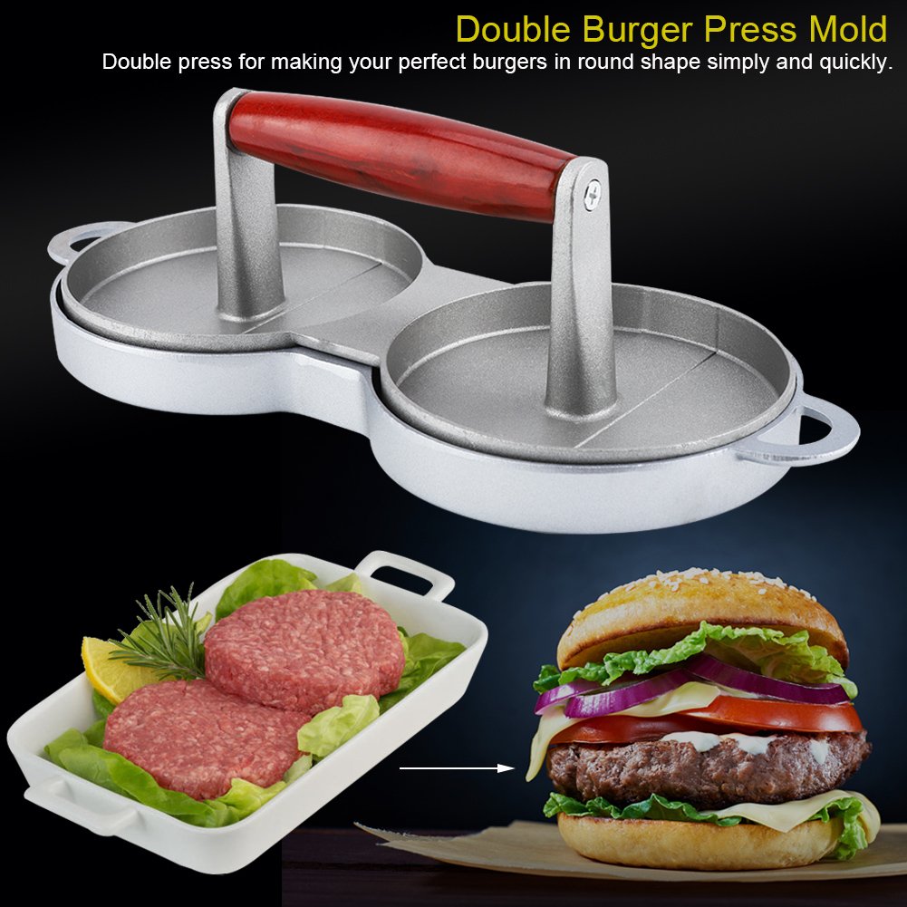 VBESTLIFE Hamburger Press Patty Maker - 2 Grids Round Stainless Steel Burger Meat Press with Wooden Handle for Beef, Veggie, BBQ Burgers | Perfect for Home Cooking, Outdoor Grilling, and Restaurant Use