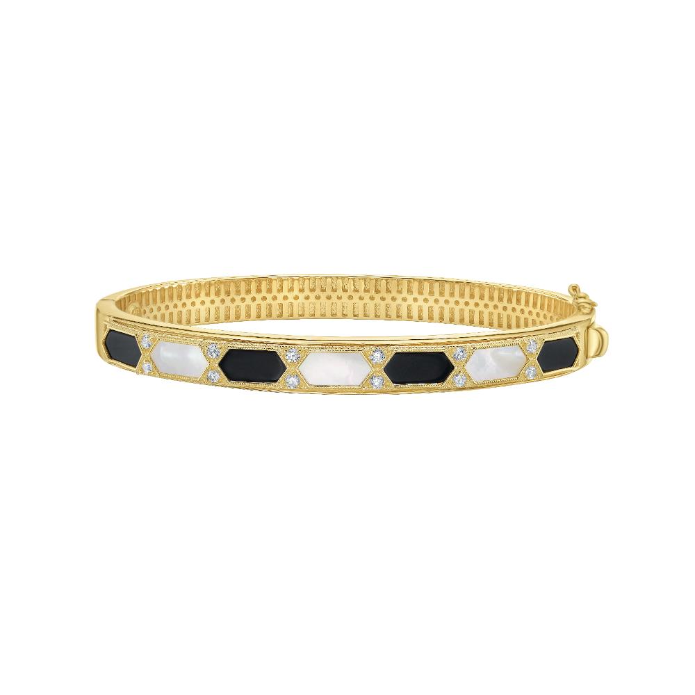 14K Gold Black and White Art Deco Hexagon Bracelet for Women - Elegant Vintage Jewelry Gift for Parties, Weddings & Special Occasions