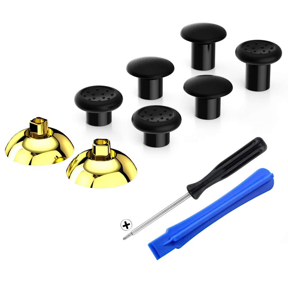 eXtremeRate Thumbstick Grips for PS4 & PS5 Controller - Ergonomic Interchangeable Analog Sticks with 3 Height Options (Chrome Gold & Black) - Perfect for FPS, Racing & Action Games