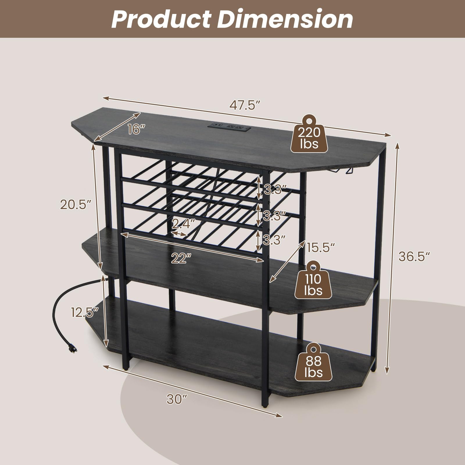 COSTWAY 3-Tier Wine Bar Cabinet with Power Outlets & Storage - Rustic Grey Freestanding Liquor Cabinet with Wine Racks, Glass Holders - Perfect for Kitchen, Dining Room, Home Bar or Entertainment Area