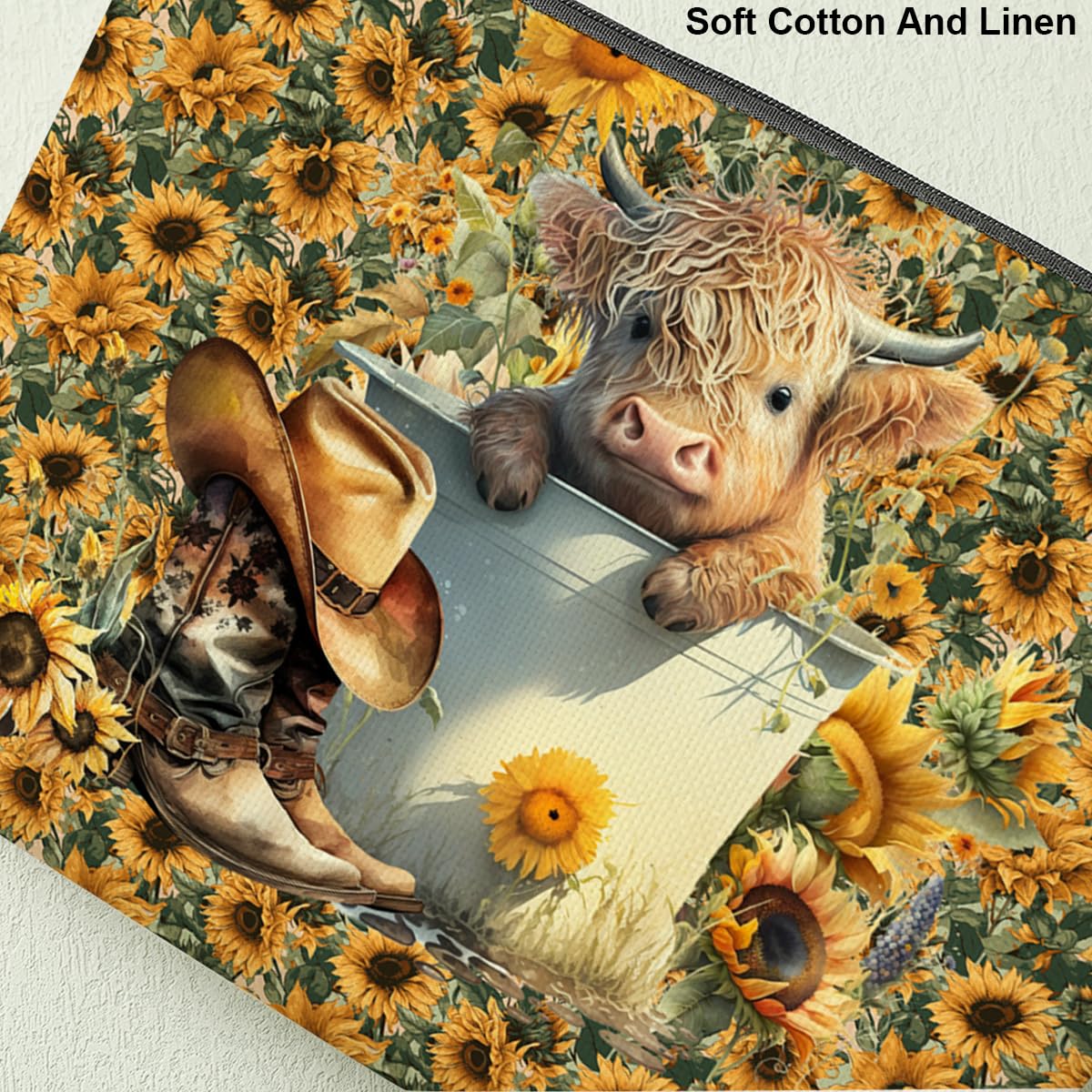 Western Sunflower Cow Makeup Bag - Cute Cow Print Cosmetic Pouch for Women & Girls - Perfect Gift for Cow Lovers (Mothers Day, Christmas, Birthday, Graduation) - Great for Travel, School & Daily Makeup Storage