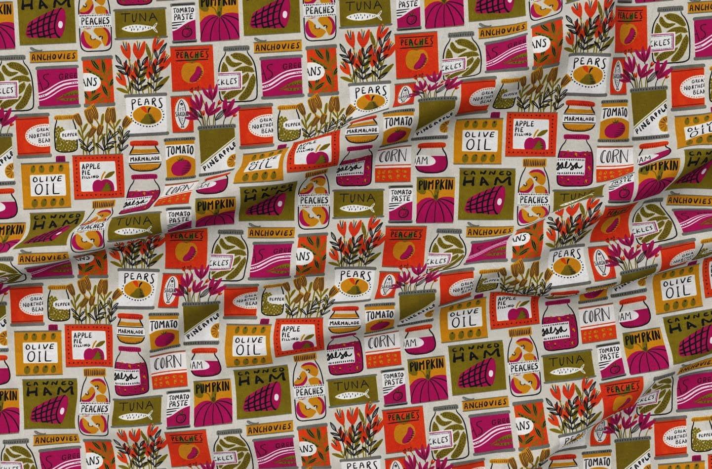 Organic Cotton Sateen Fabric by The Yard - Pink & Orange Kitchen Pantry Print for Sewing, Quilting, Apparel & Home Decor | Perfect for DIY Aprons, Table Runners & Curtains