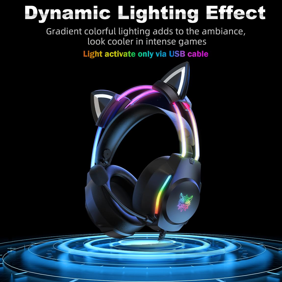 Cat Ear Gaming Headset with Microphone - RGB Rainbow LED Lights & Virtual 7.1 Surround Sound - Wired Over-Ear Headphones for PC, Laptop, PS4, PS5, Xbox, Nintendo Switch - Perfect for Streaming, Esports & Late-Night Gaming Sessions