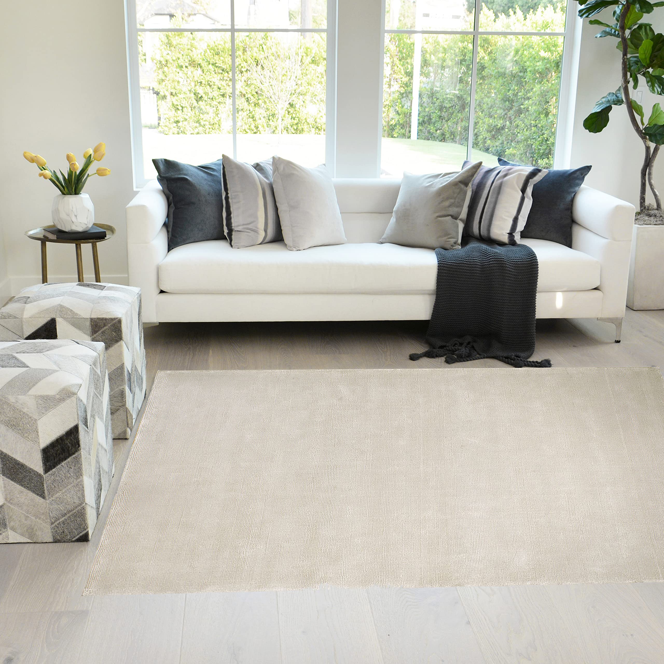 Premium Silver Tencel Hand-Knotted Rug 8' x 11' - Ultra Soft Living Room & Dining Room Carpet - Eco-Friendly Luxury Floor Covering for Home Decor | Made in India