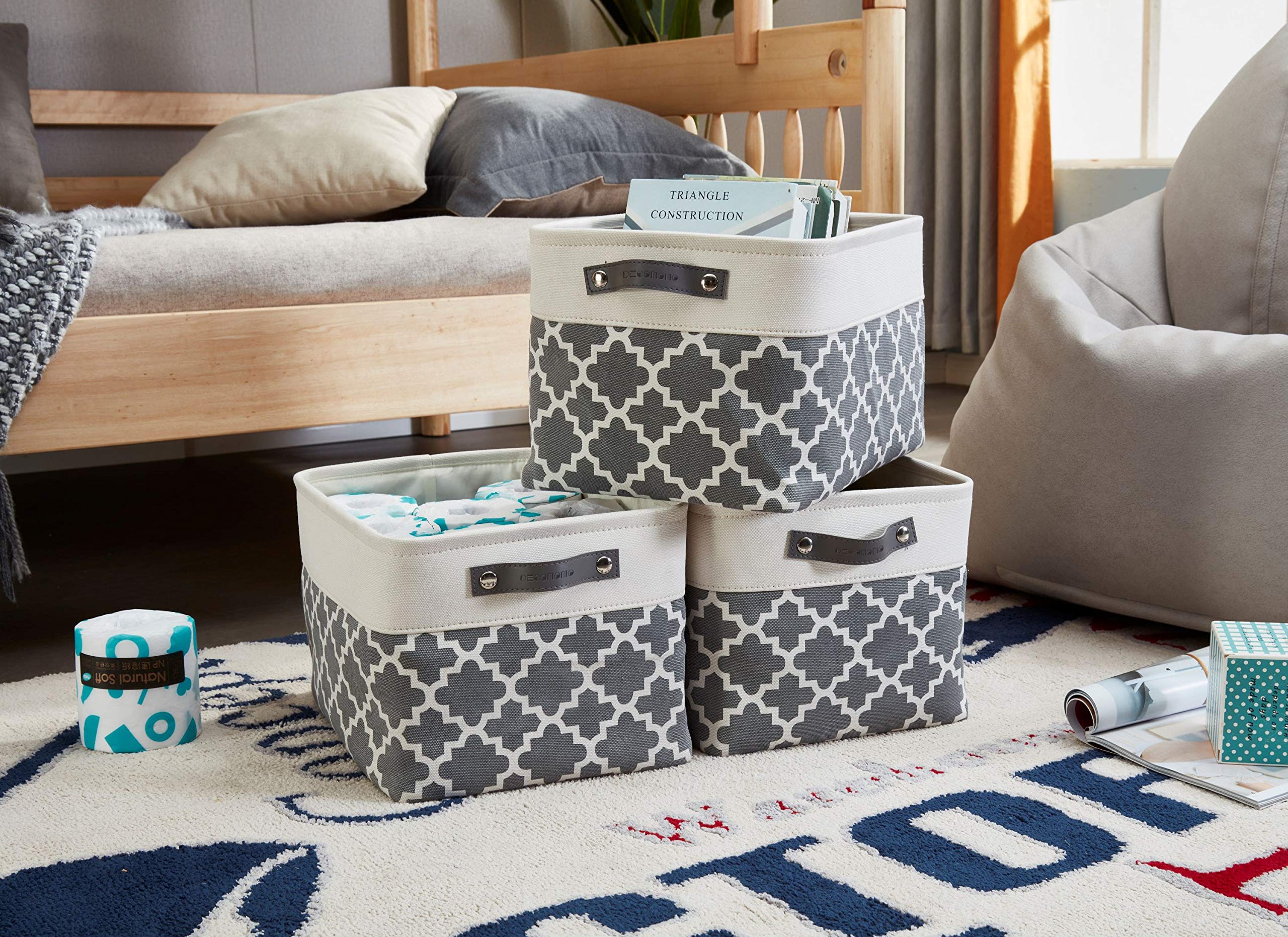 DECOMOMO Grey Fabric Storage Bins - Large 3 Pack Storage Baskets for Shelves, Linen Closet, Toy & Nursery Organization | Space-Saving Home & Office Storage Solutions