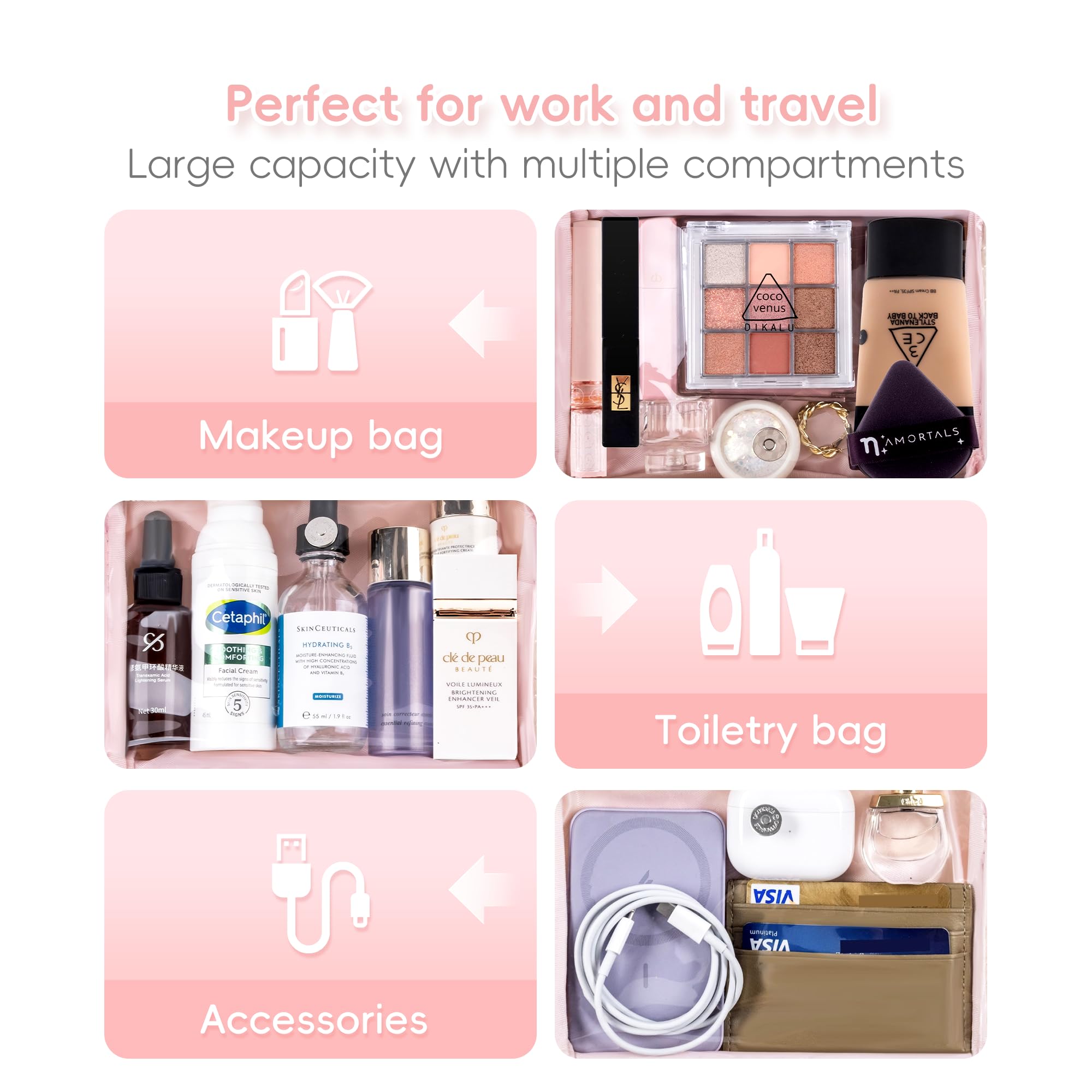 Leudes Pink Medium Makeup Bag for Women - Cute Travel Cosmetic Organizer with Zipper, Clear Skincare Pouch for Toiletries | Perfect for Traveling, Gym, Work & Daily Essentials Storage