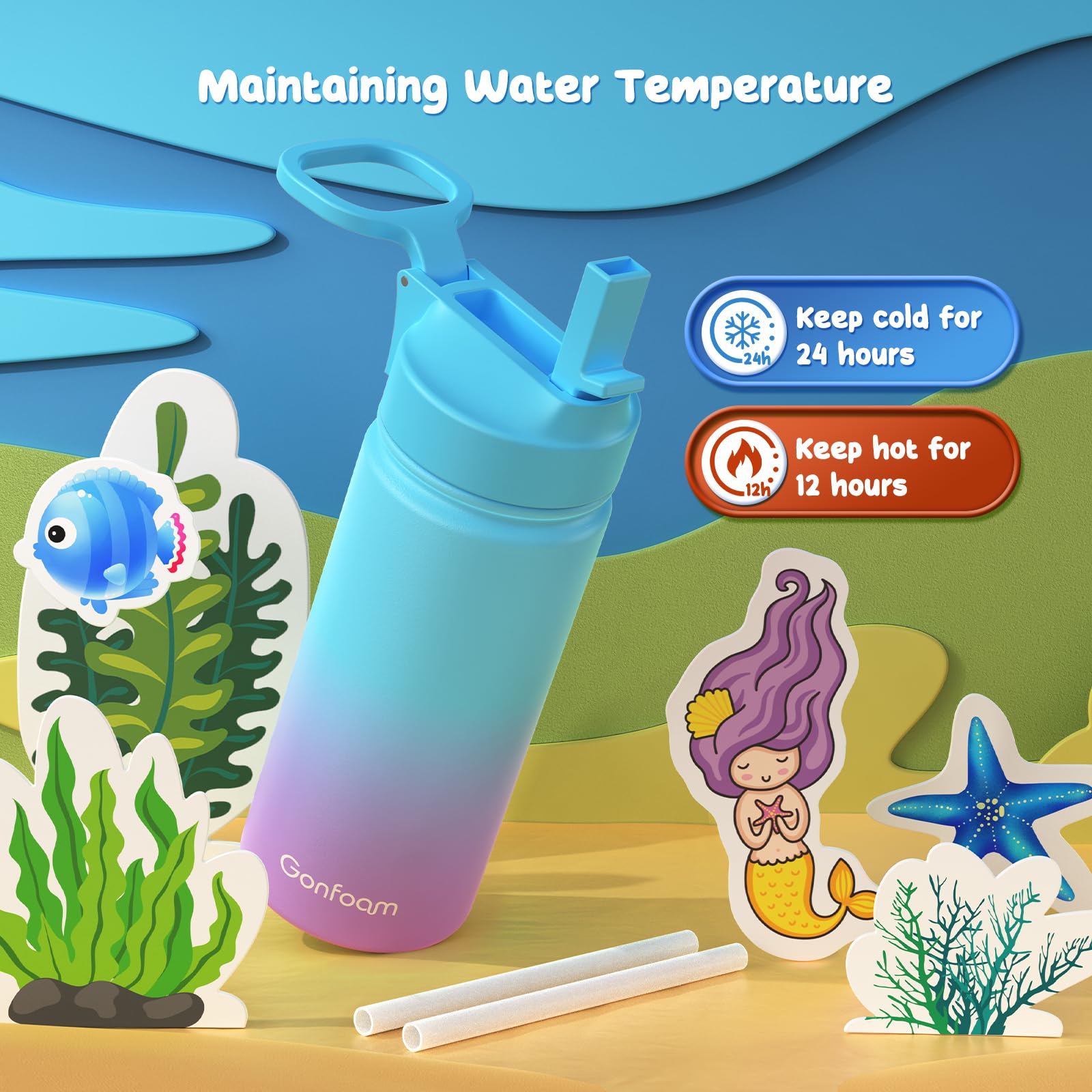 16oz Kids Water Bottle with Stickers - Blue & Purple Design for School, Sports & Outdoor Activities