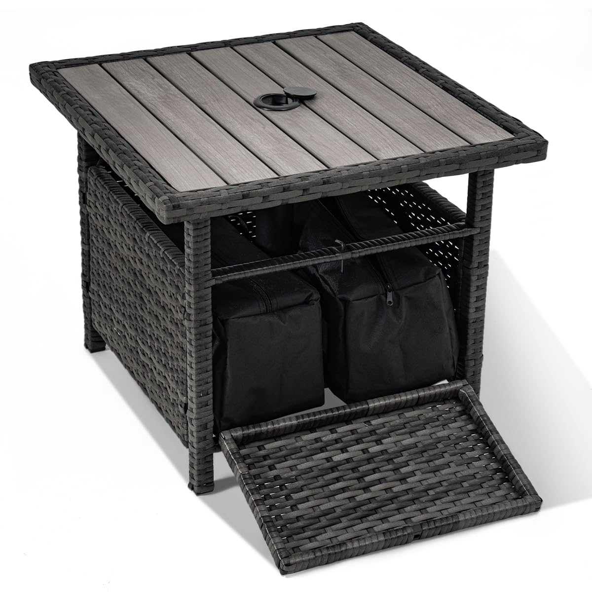 Heavy Duty Sundale Outdoor Umbrella Stand with 2 Weight Bags - 22 Inch All-Weather Wicker Side Table with Umbrella Hole - Sturdy Rattan Base for Patio, Deck, Yard, Poolside & Porch (Charcoal Gray) | Perfect for Outdoor Entertaining & Relaxation