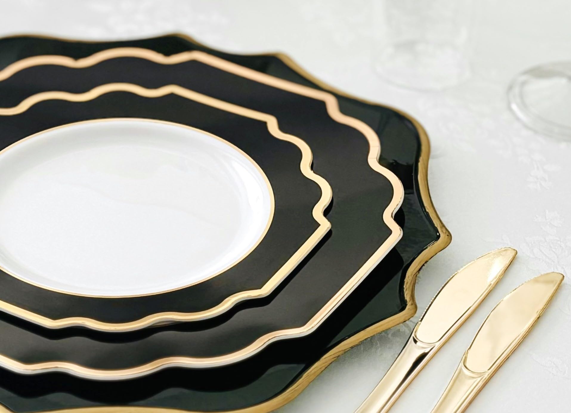 240 Heavyweight Disposable Plastic Plates for Weddings & Parties - 10.5'' Dinner Plates in Elegant White, Black & Gold | Perfect for Formal Events, Bridal Showers & Anniversary Celebrations