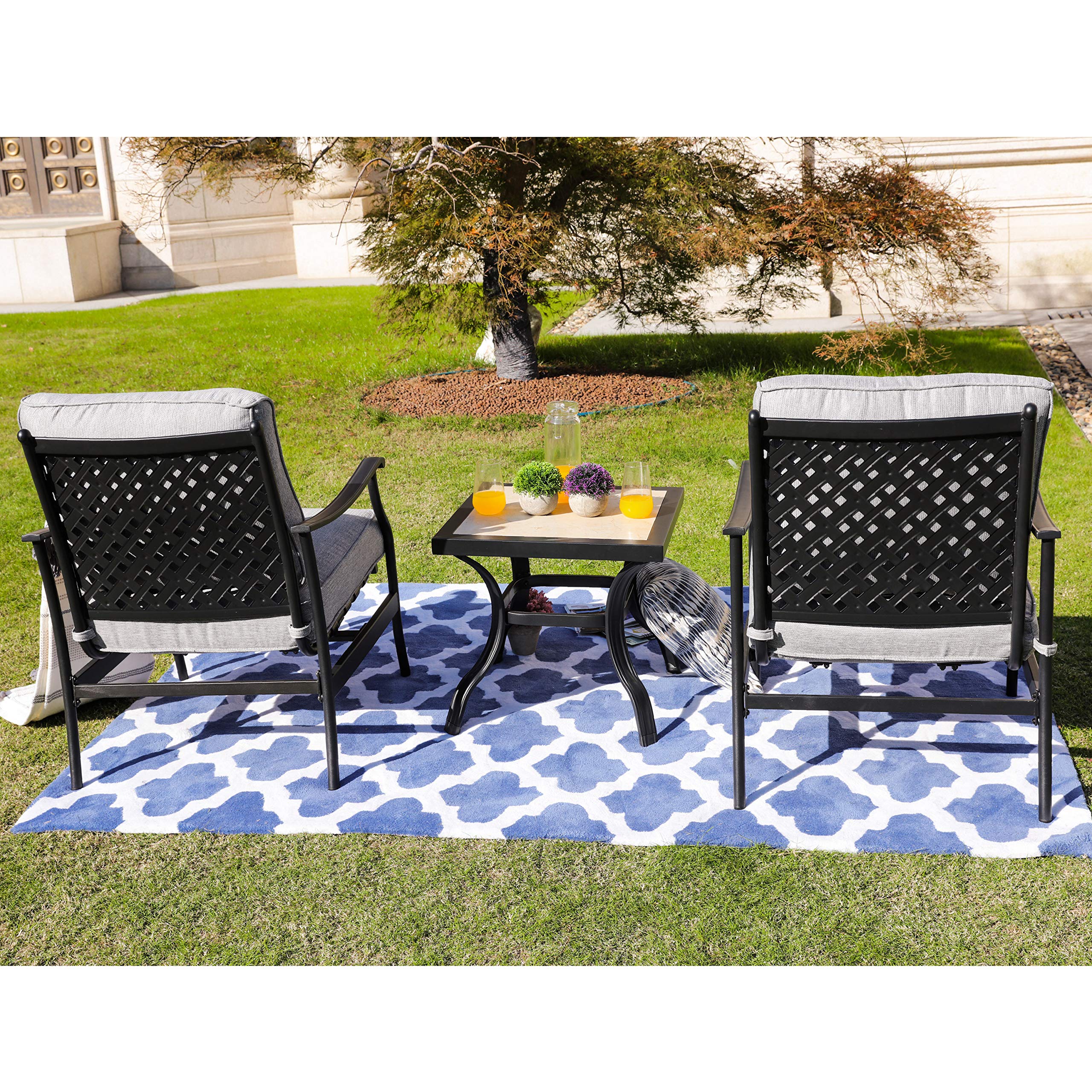 3-Piece Outdoor Patio Dining Set - Square Metal Table & 2 Armchairs with Thick Cushions - Grey Garden Bistro Furniture for Backyard, Deck, and Poolside Relaxation