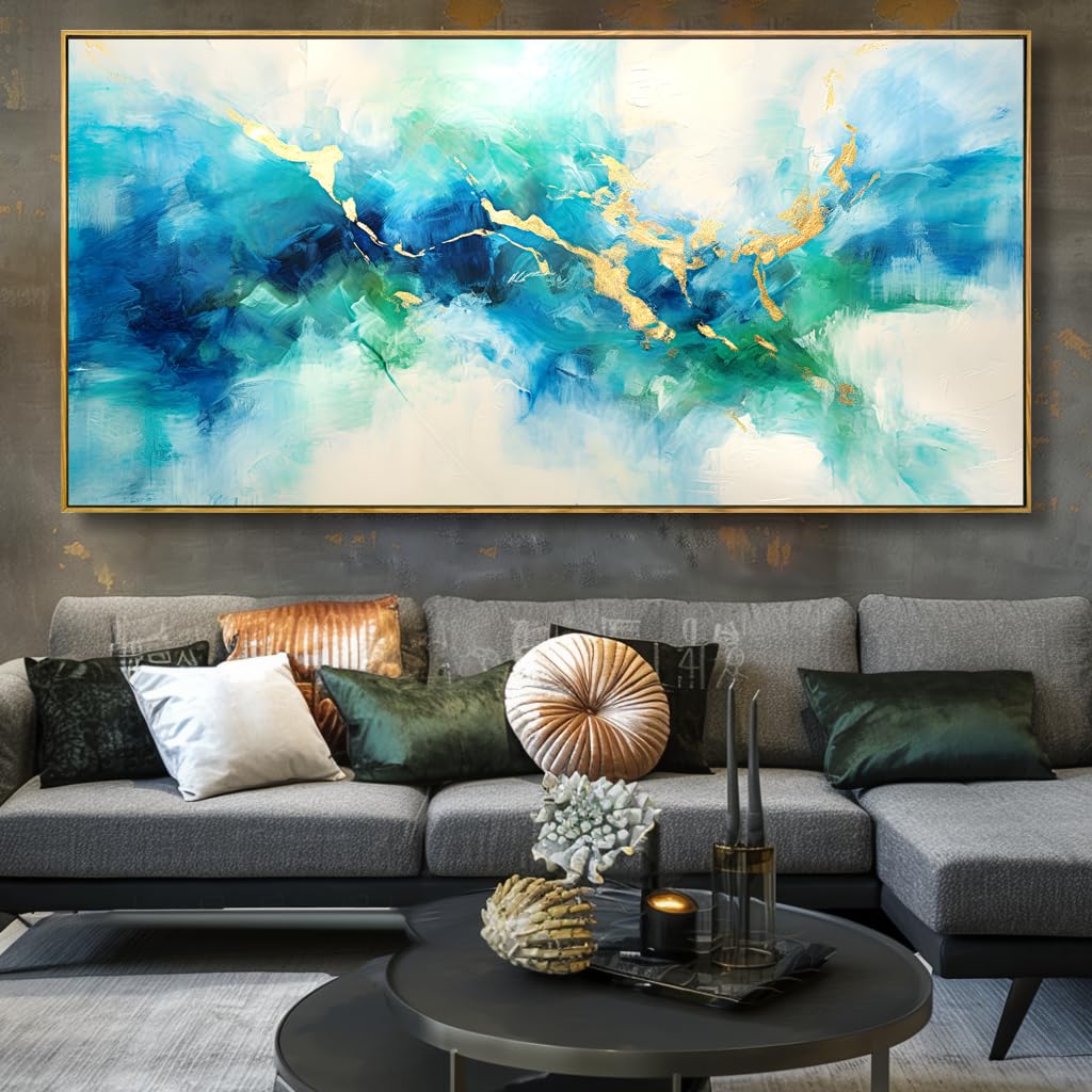 Abstract Canvas Wall Art - Green Blue & Gold Fantasy Painting - Modern Framed Decor for Bedroom, Living Room, Dining Room & Home Office - 30x60 Inches - Perfect for Contemporary Spaces & Gift Giving